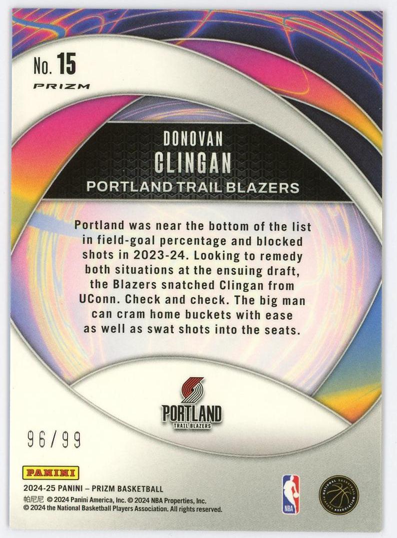 2024-25 Panini Prizm Donovan Clingan 多诺万克林根 新秀 pz 99编 Instant impact 特卡 蓝脉冲折 折射 开拓者 卡品如图 0YQ3/11.16