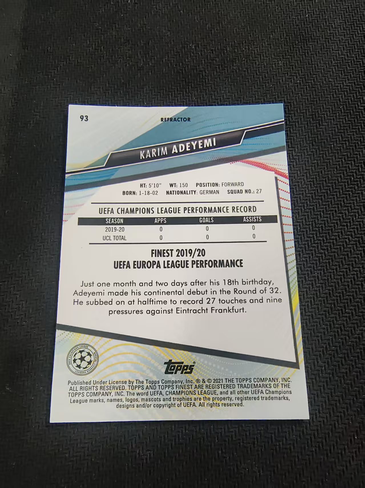 【可合并,不累计】2021 Topps Finest Karim Adeyemi RC 欧冠 卡拉姆 安德米 新秀 红牛 银折 #93