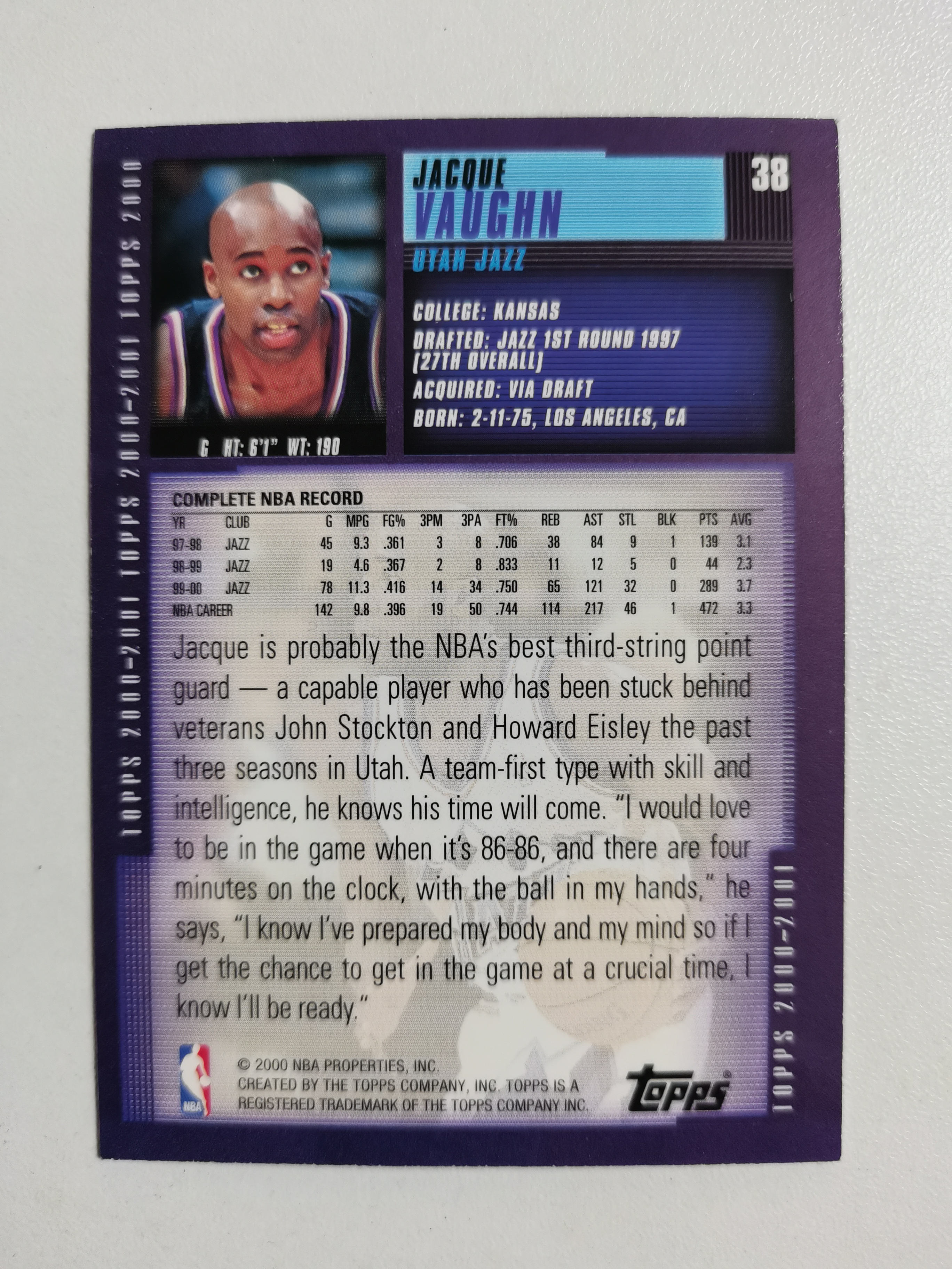 2000 Topps Topps Jacque Vaughn 雅克沃恩 爵士 经典老特 收藏凑套 卡品如图 免费代拍(LHC)