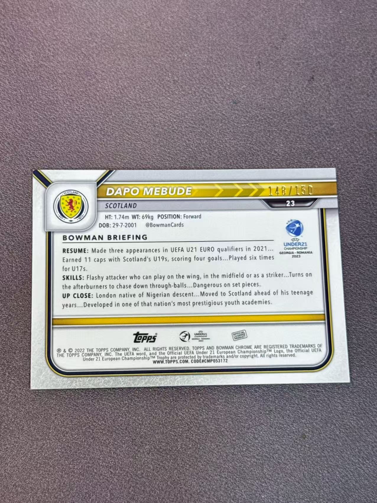 2022 Topps Bowman Dapo Mebude 粉折 折射 梅布德 1st 苏格兰 阿德达波 150编