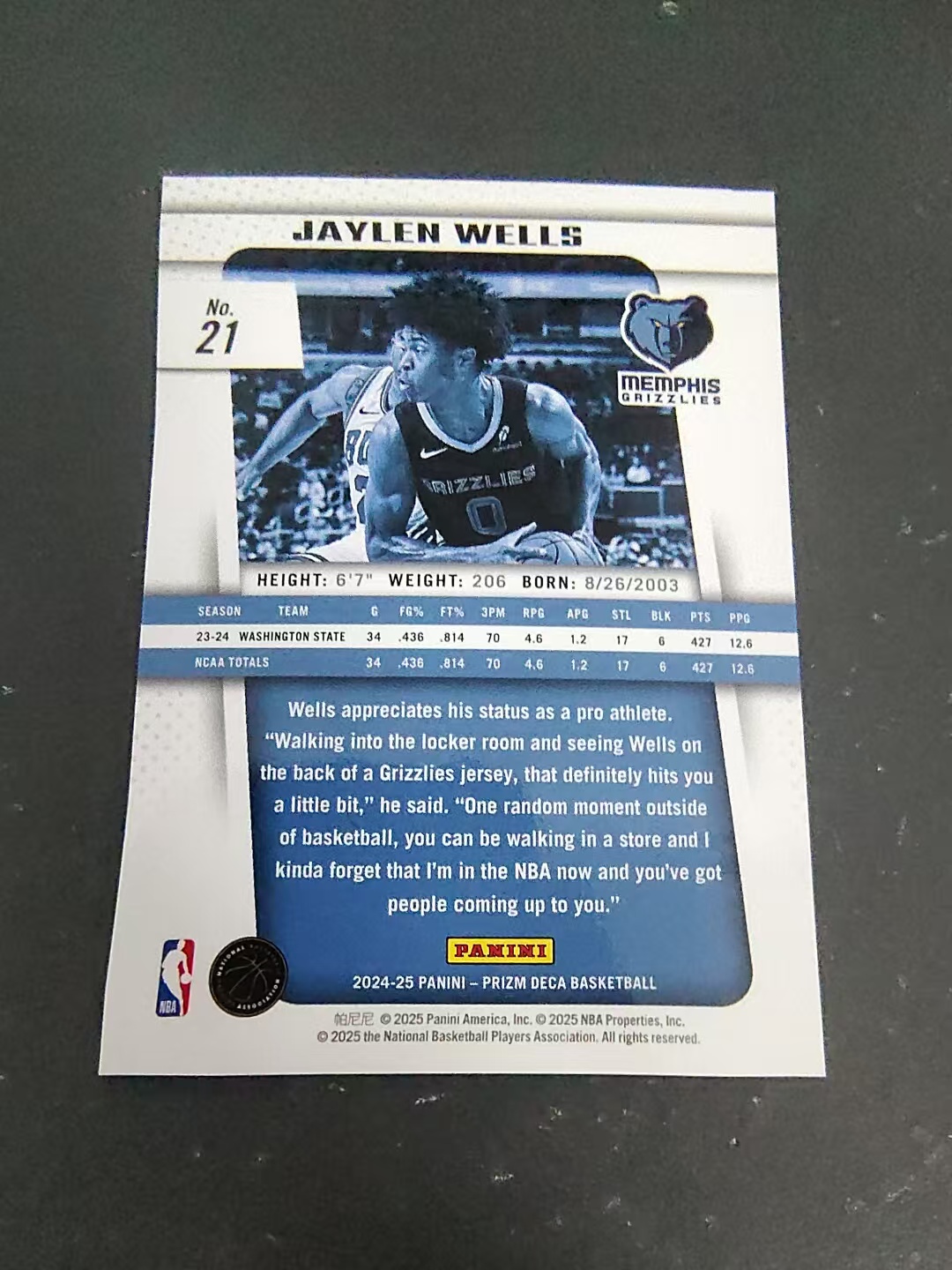 【可合并,不累计】2024-25 Panini Prizm Deca Jaylen Wells 灰熊 新秀RC 杰伦 威尔斯 元年复刻 PZ 划痕 边角瑕疵 #21