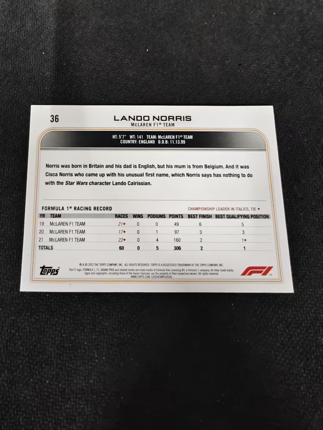 2022 Topps Chrome F1 Lando Norris 兰多 诺里斯 迈凯伦车队 划痕 边角瑕疵 @36