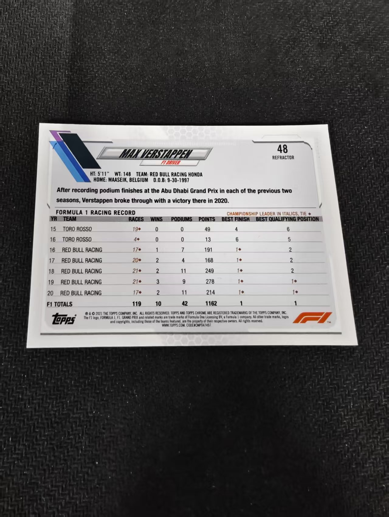 2021 Topps Chrome Max Verstappen F1 维斯塔潘 红牛 银折 划痕 边角瑕疵 #48