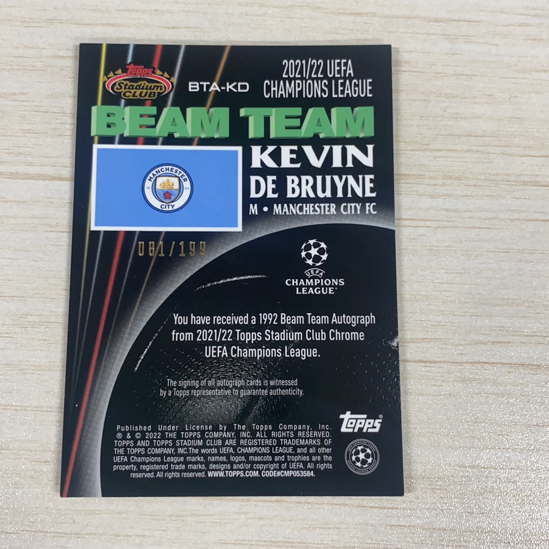 【小牛代拍】2022 Topps Stadium Club Chrome Kevin De Bruyne 欧冠 竞技场 曼城 超级巨星 凯文 德布劳内 光之队 特卡签 199编 签字 银(polo)
