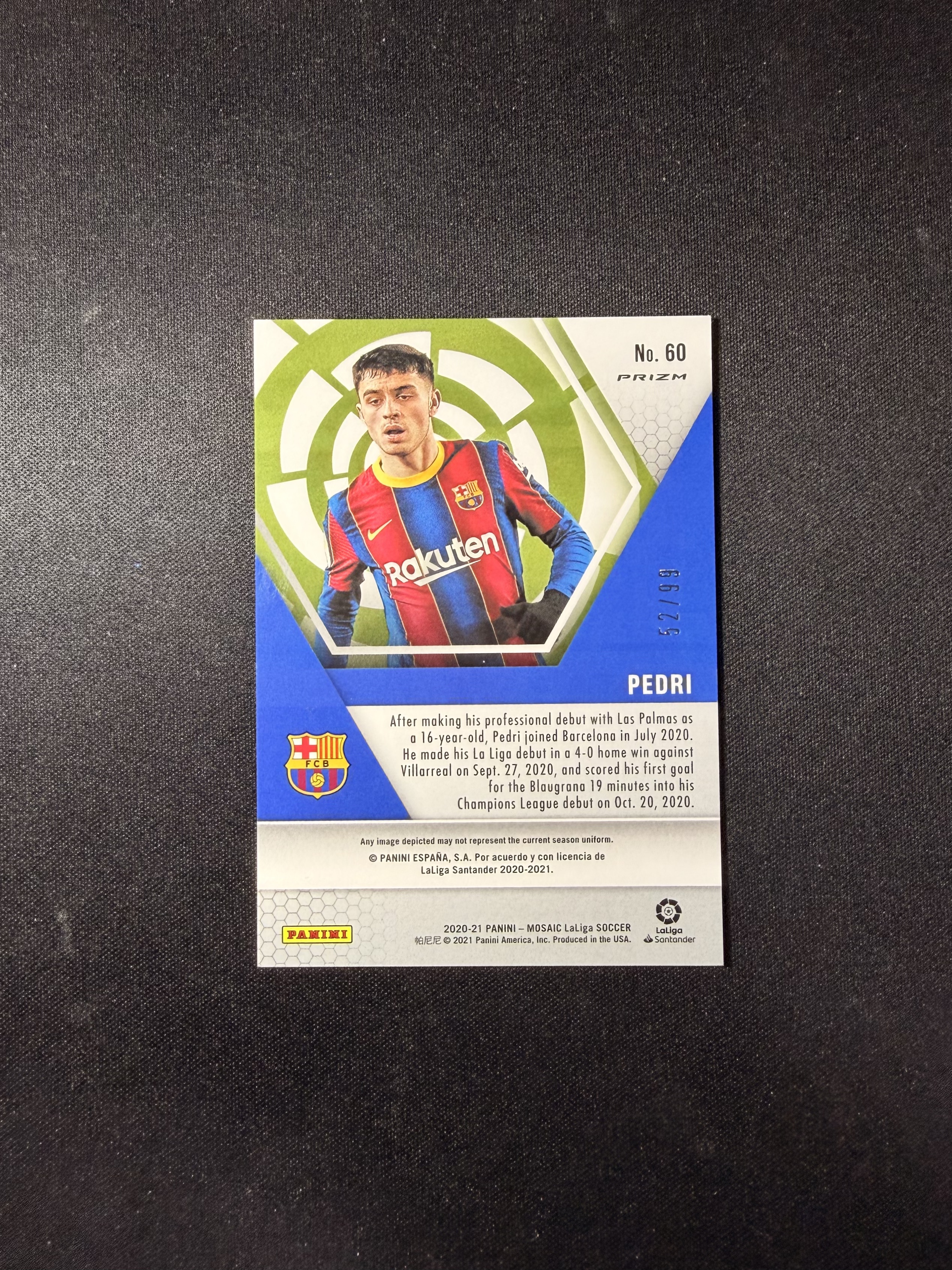 2020-21 Panini Mosaic 马赛克 西甲 巴萨 巴塞罗那 Pedri 佩德里 新秀 rc 蓝折 52/99编 马赛克折 卡品如图 亚马尔队友 球衣颜色匹配