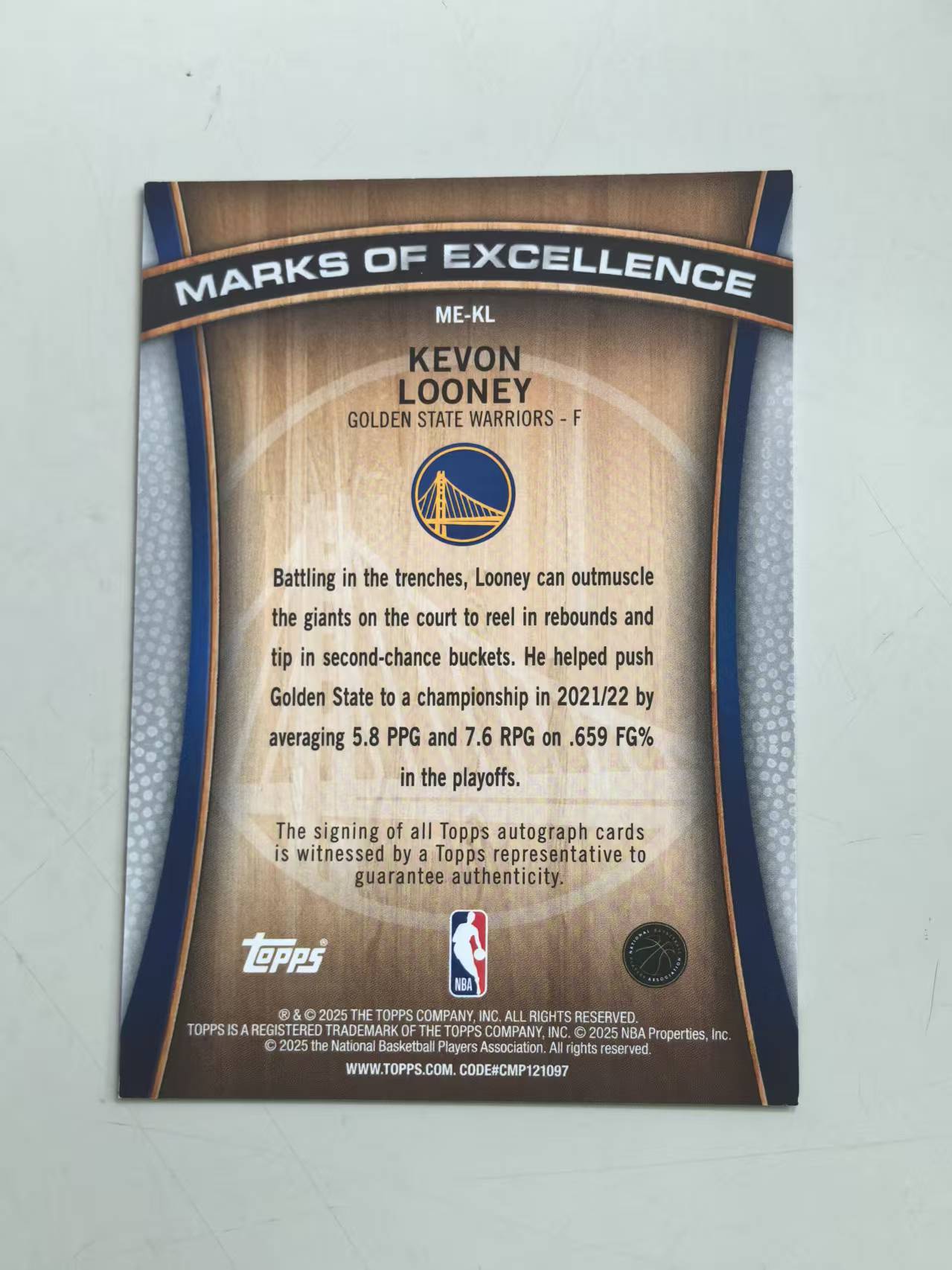 2025 Topps Topps Kevon Looney #ME-KL 签名卡签字卡 勇士 【黑魔苏】