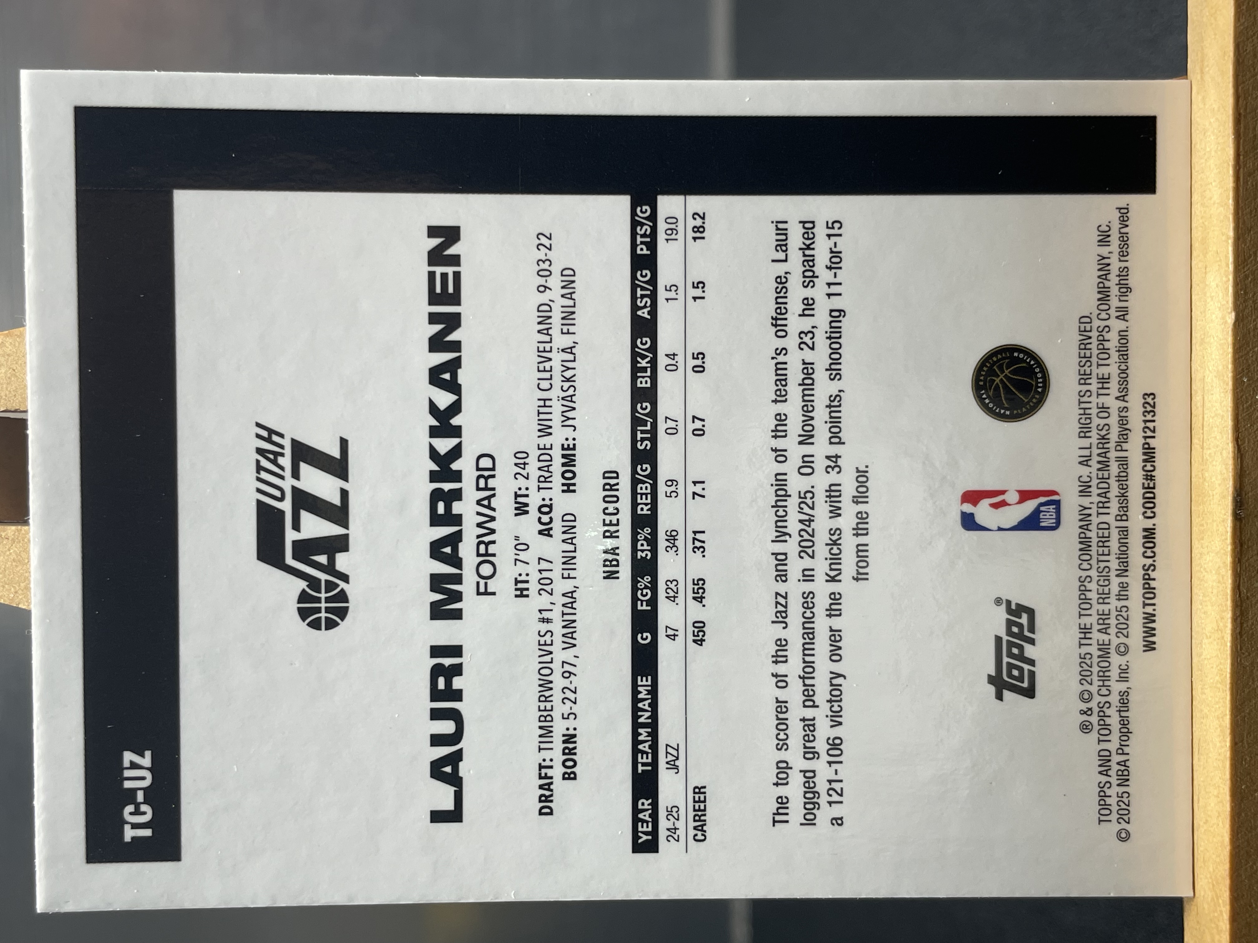 (C8) 2025 TOPPS 折射 劳里 马尔卡宁 爵士 近期大热球星 收藏必备 卡品如图 ! ! !