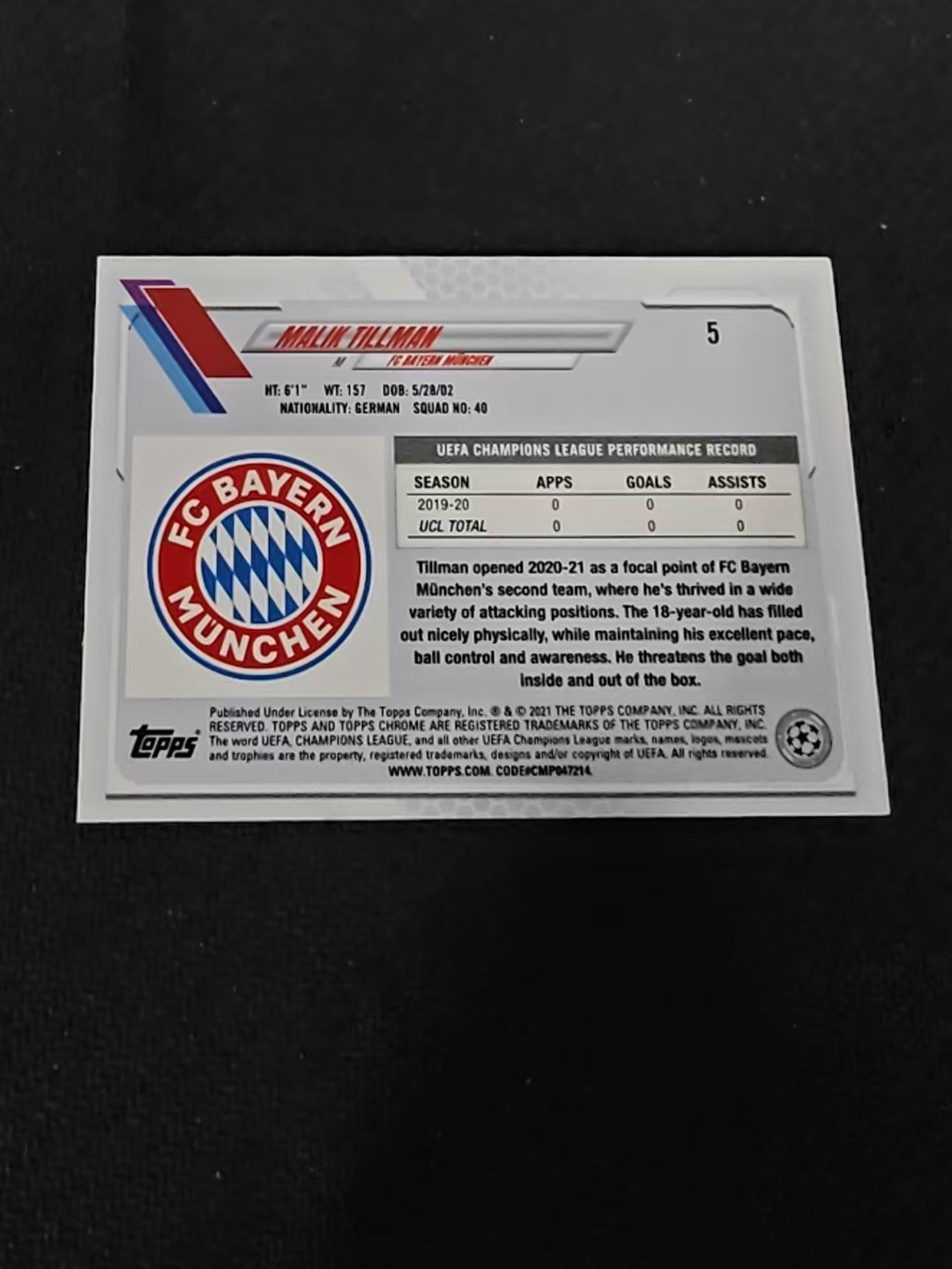 【可合并,不累计】2021 Topps Chrome Malik Tillman RC 蓝宝石 新秀 欧冠 拜仁 蒂尔曼 蓝碎冰 折射 划痕 边角瑕疵 #5