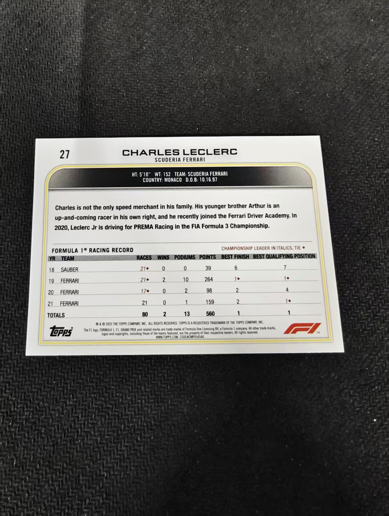 2022 Topps F1 Charles Leclerc 法拉利 夏尔 勒克莱尔 划痕 边角瑕疵@27