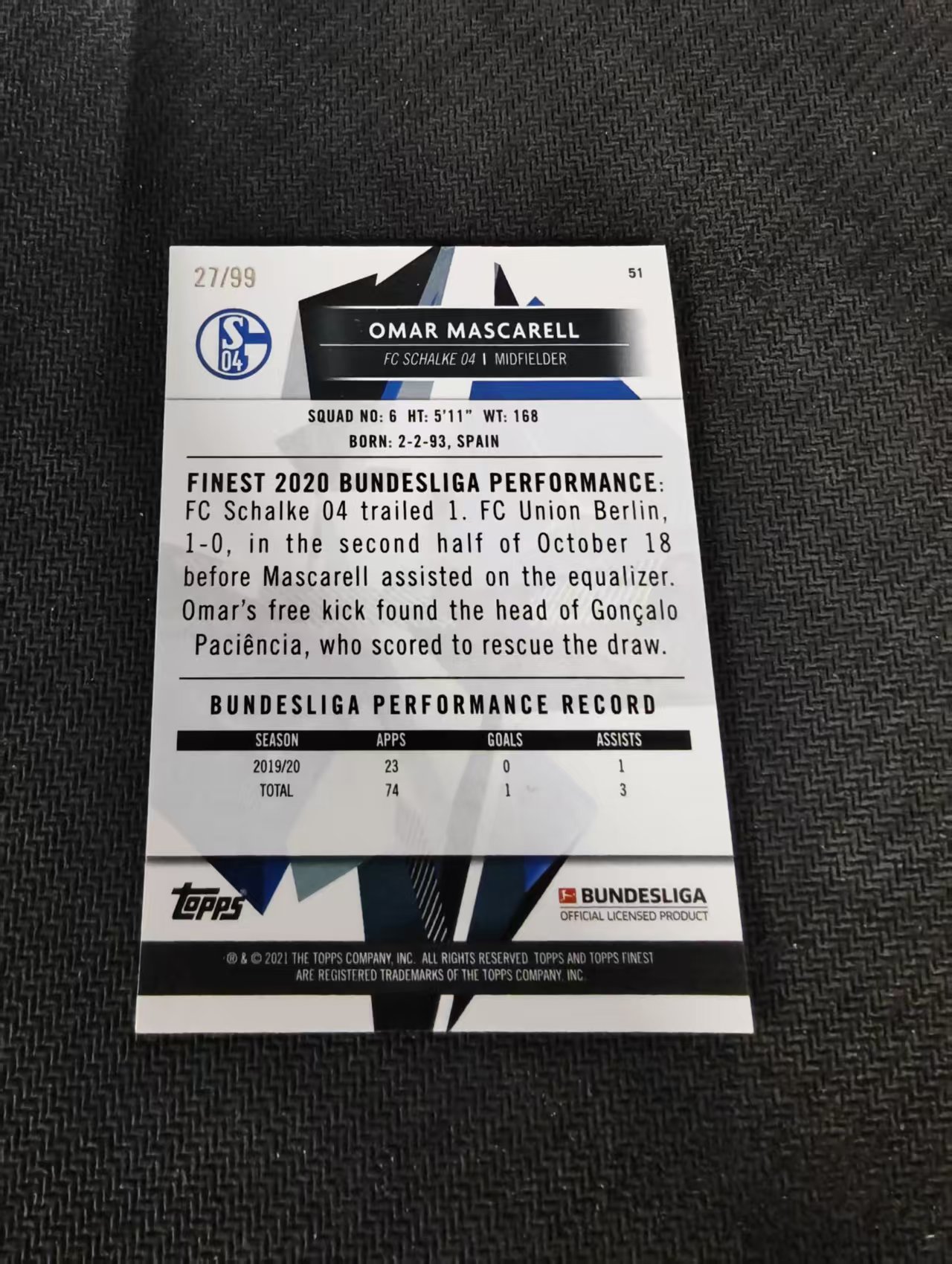 【可合并,不累计】2021 Topps Finest Bundesliga Omar Mascarell 马斯卡雷利 德甲 绿折 99编
