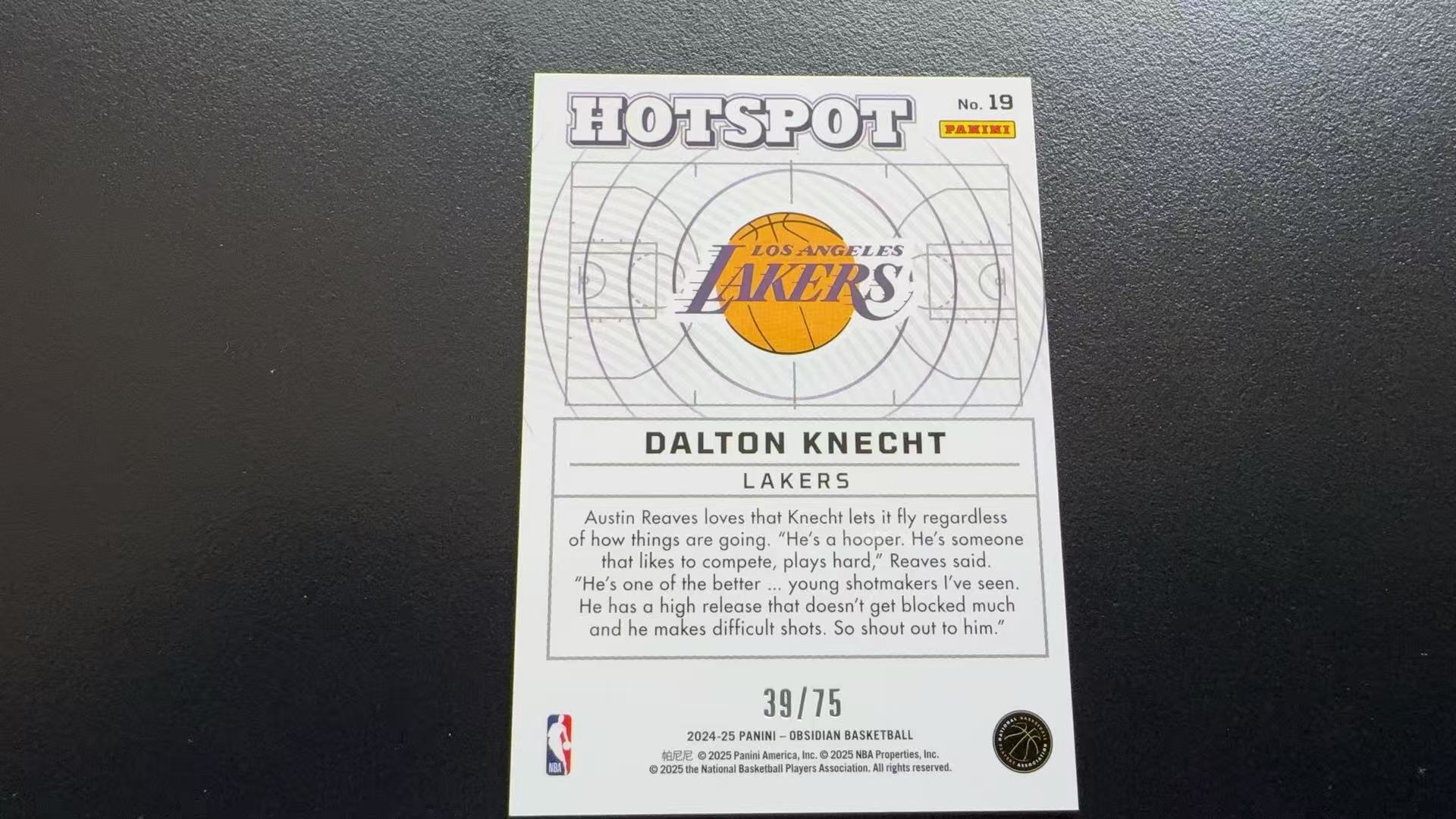 【Pw代卖】2024-25Panini 篮球黑曜石 Dalton Knecht 道尔顿 克内克特 湖人 新秀 RC 潜力射手 Hotspot特卡 聚焦特卡 紫折 75编 实卡精美 收藏必备 萝卜哥