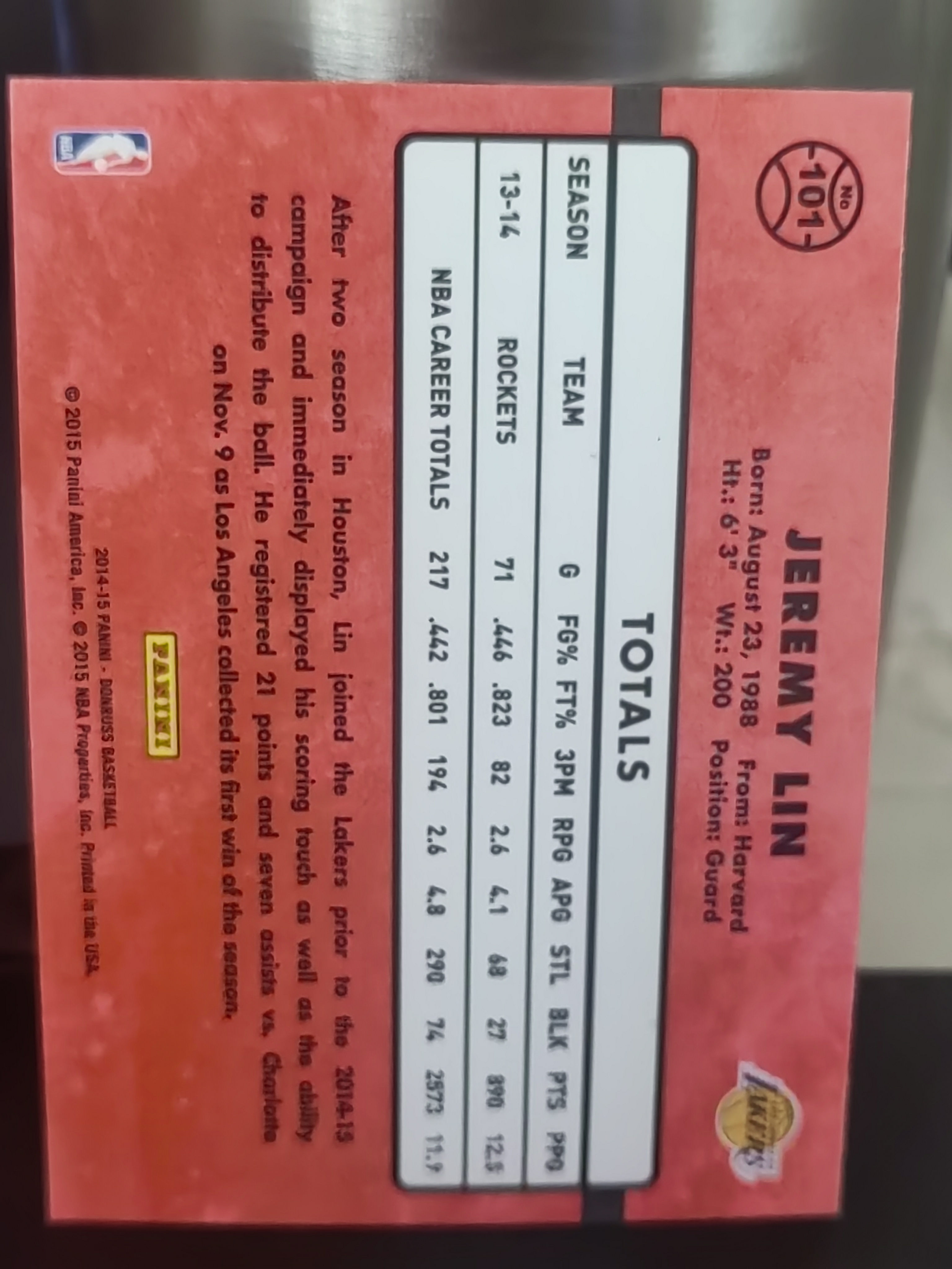 2014-15 Panini Donruss Jeremy Lin 杜蕾斯 林书豪 湖人 林疯狂 第三张 篮 白边白角 不保卡品 卡品如图