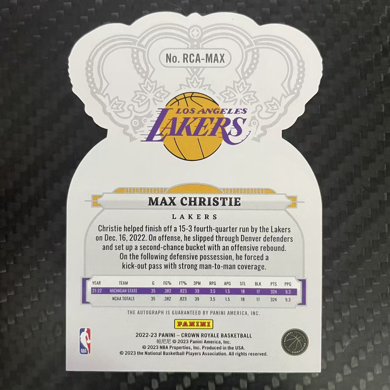 2022-23 Panini Crown Royale Max Christie RC 【杰克森拍卖】麦克斯 克里斯蒂 湖人 新秀 43/99编 签字 贴签 异形 皇冠 折射
