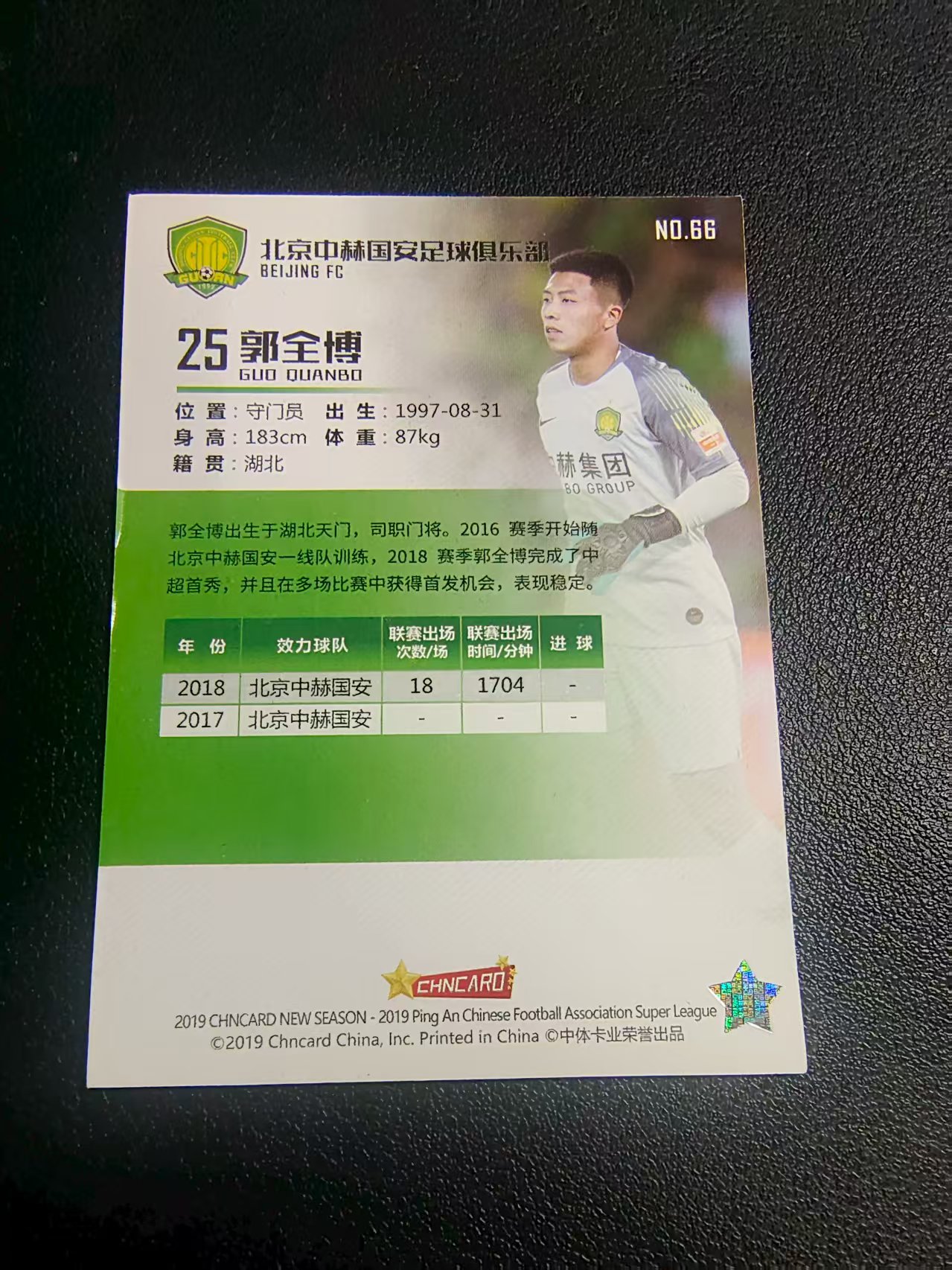 【可合并,不累计】 2019 中体卡业 郭全博 北京中赫国安 边角瑕疵 #66
