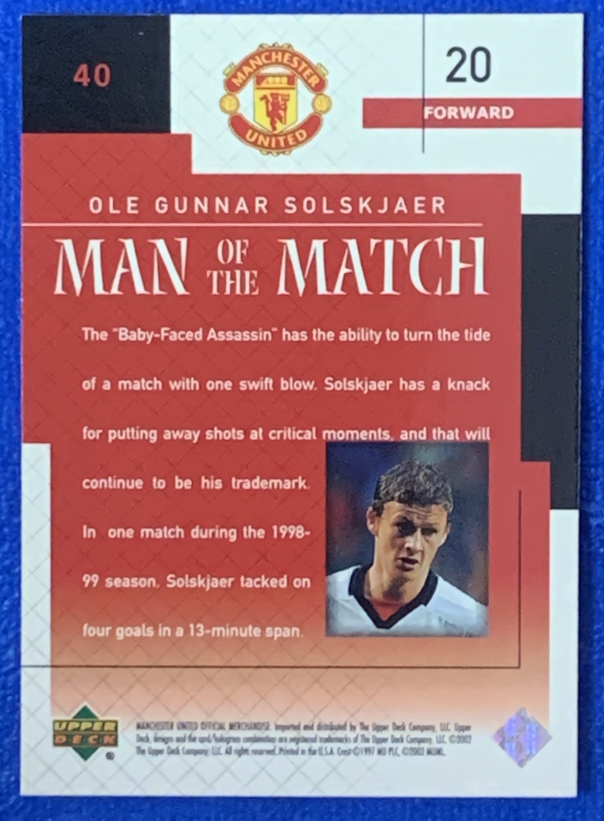 2002 Upper Deck Manchester United Ole Gunnar Solskjaer 亚德全场最佳特卡 曼联 索尔斯克亚 三冠王 挪威Norway经典老卡 不保卡品ebay有价