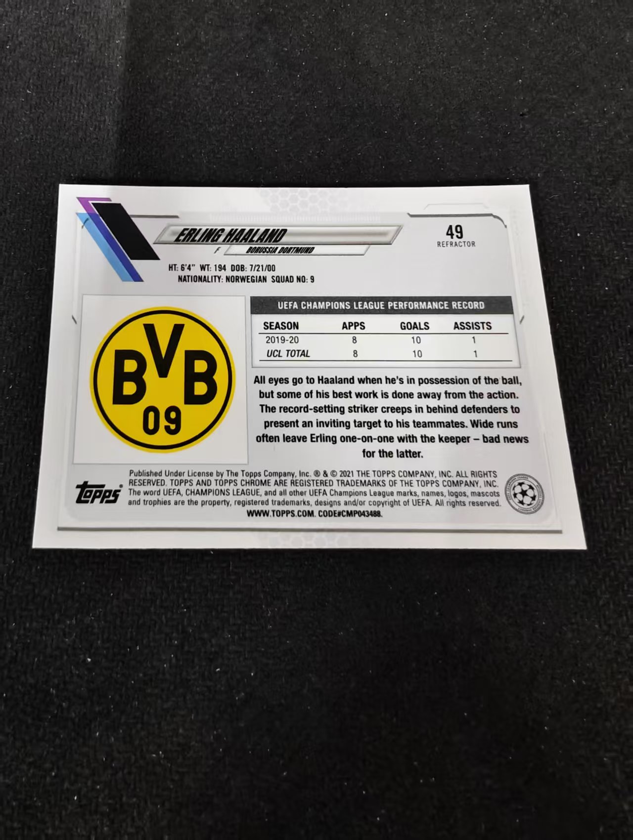 【可合并,不累计】2021 Topps Chrome Erling Haaland 哈兰德 挪威 曼城 多特蒙德 欧冠 银折 划痕 边角瑕疵 #49