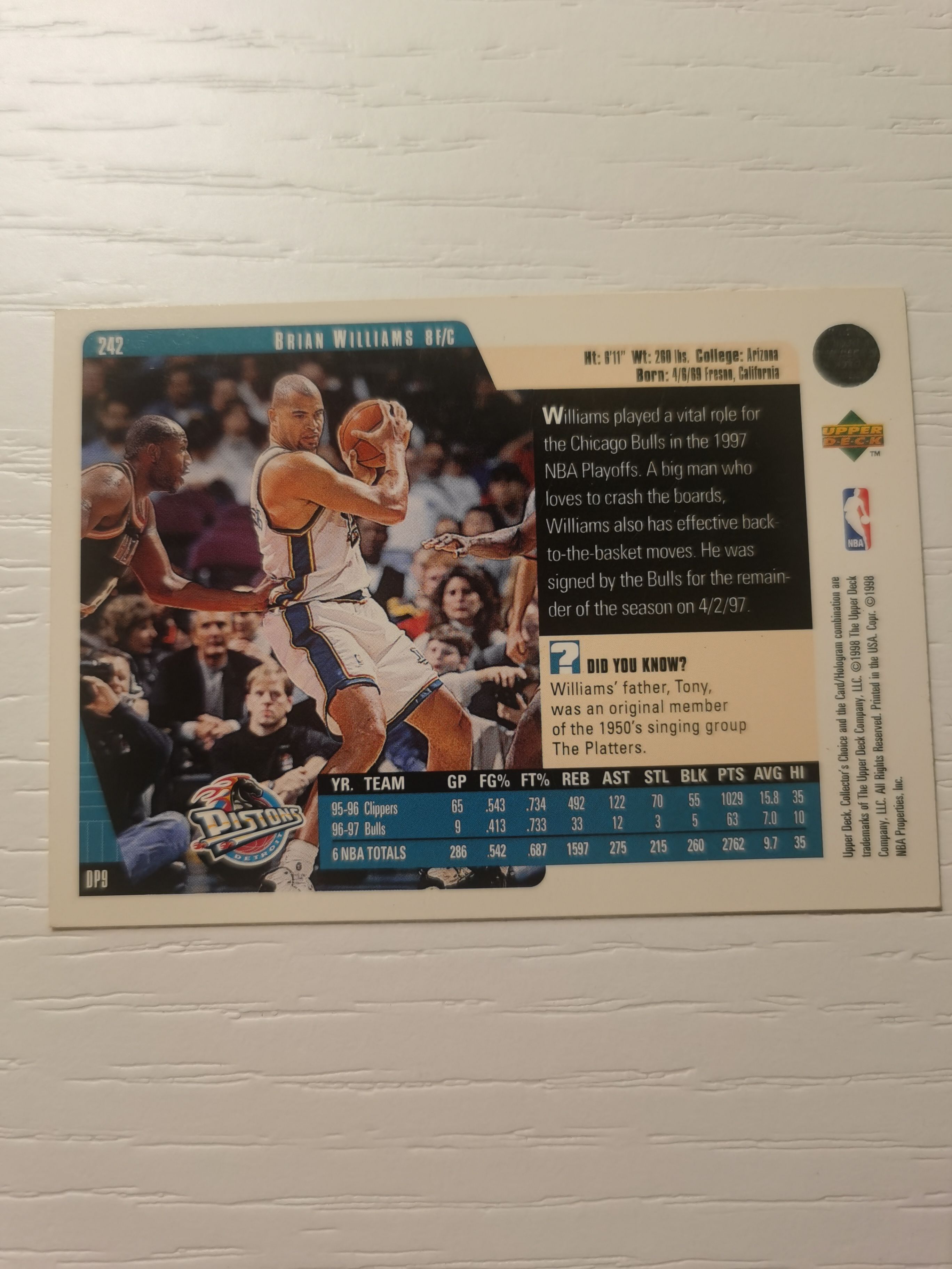 1996-97 Upper Deck Collector's Choice 布莱恩 威廉姆斯 1996-97 布莱恩-威廉姆斯UD collector's choice 硬通货 极具收藏价值 活塞