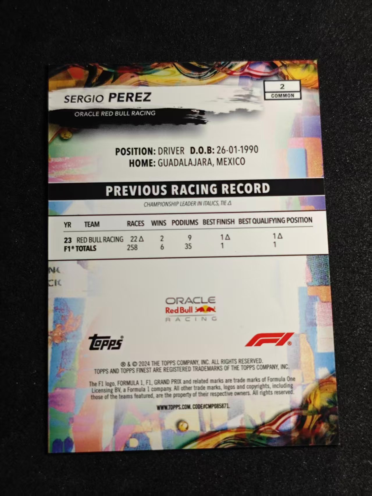 2024 Topps Finest Sergio Perez F1赛车 塞尔吉奥 佩雷斯 Sergio Perez 19/50编 金折 红牛车队 卡品如图
