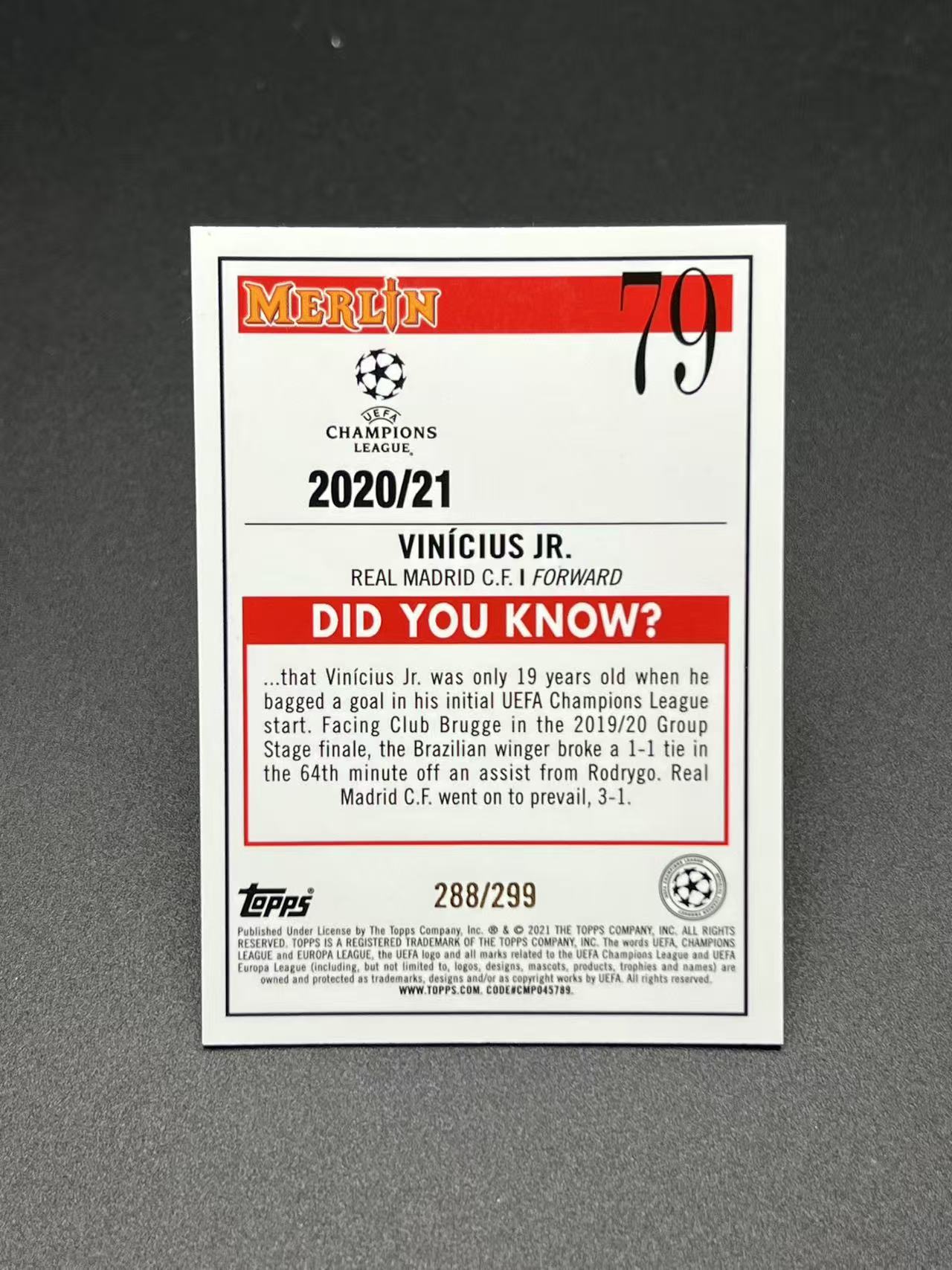 2021 Topps Merlin Vinicius Jr. #79 维尼修斯 皇马 欧冠 梅林 紫折 299编 Base 专收必备 烧烤