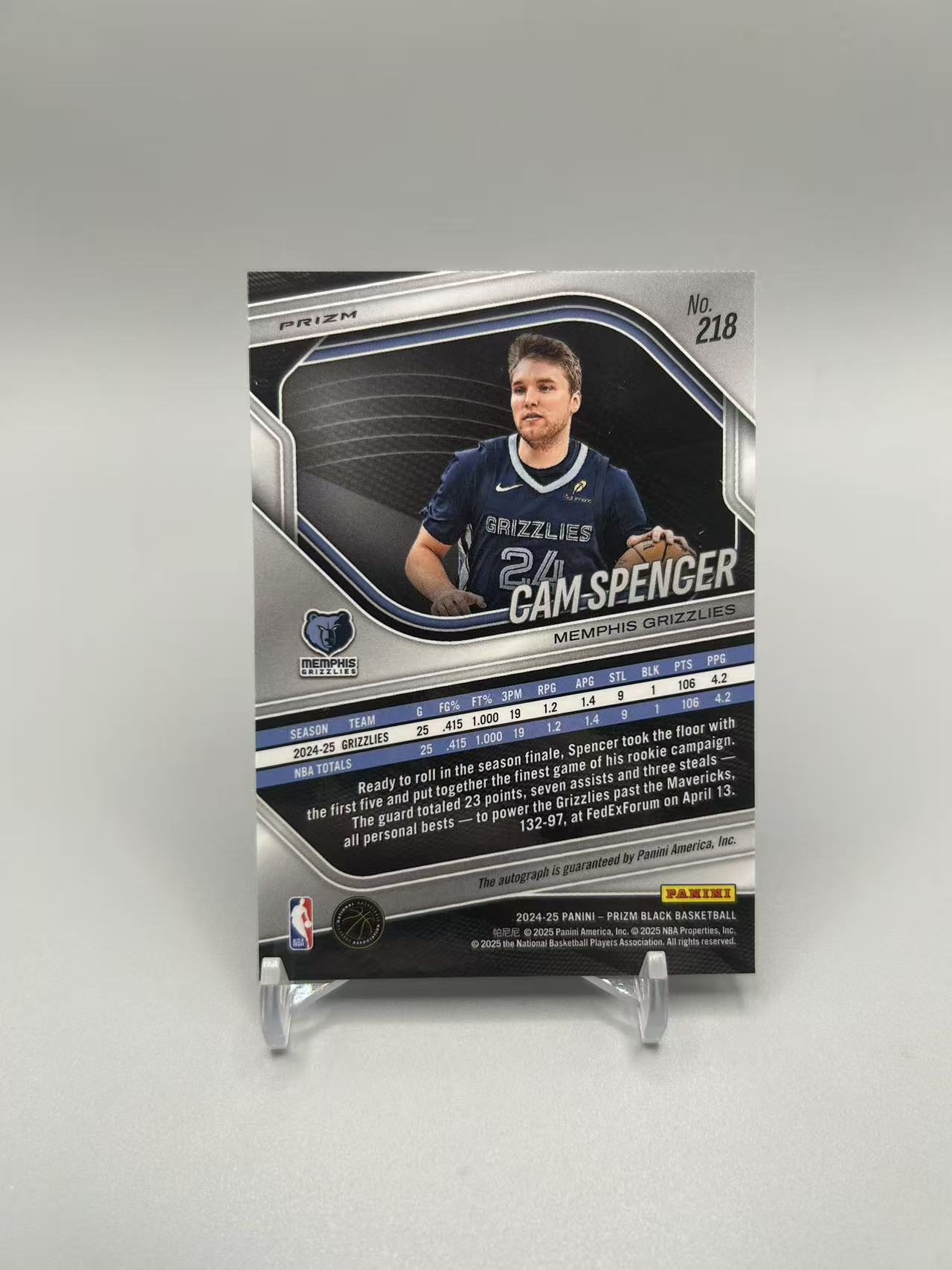 2024-25 Panini Prizm Cam Spencer RC 【灰灰代拍】全新篮球PZblack 灰熊 斯潘塞 银折 新秀 签字 不带编 二哥