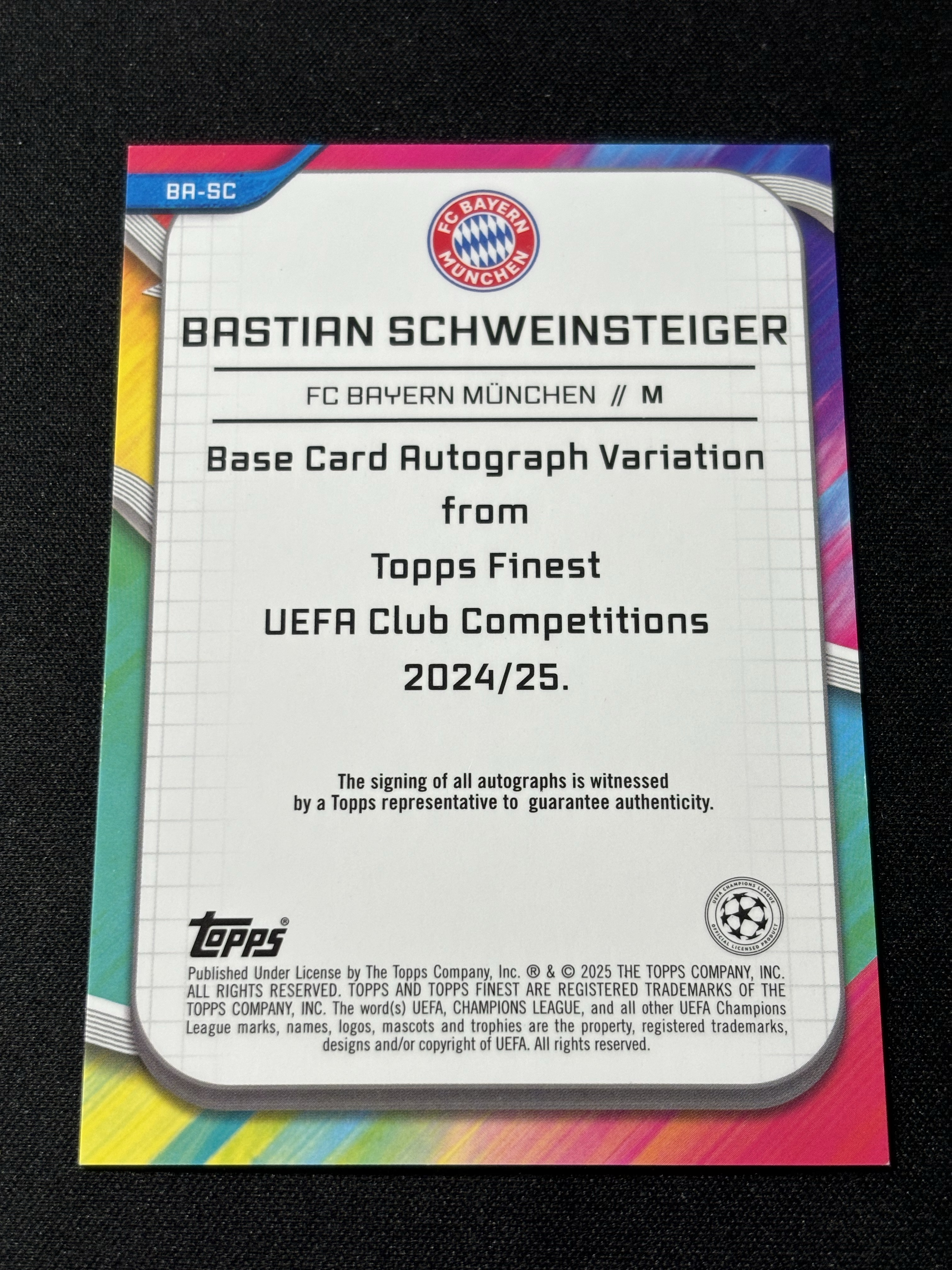 2025 Topps Finest Bastian Schweinsteiger 【信徒拍卖】欧冠tf 巴斯蒂安 施魏因施泰格 99编 签字 绿折 折射 拜仁 曼联 德国 卡品如图