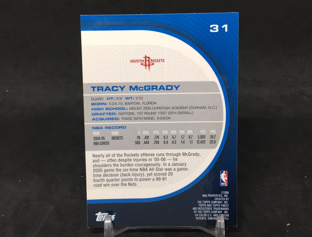 【DC拍卖】5.01(微瑕)2005-06 Topps Finest 特雷西・麦克格雷迪 麦迪 火箭时期 经典折射特卡 #31