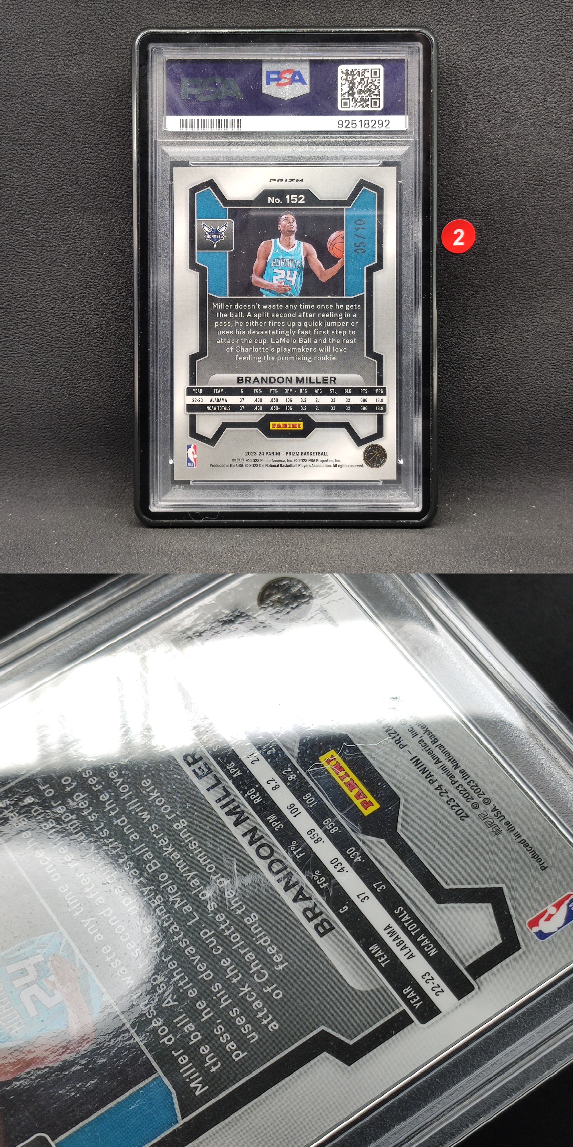 【大腿代卖精品】Brandon Miller 布兰登米勒 2023-24 Panini Prizm PZ RC新秀 Base /10编 折射 正金折 黄蜂 榜眼/PSA10分评级卡 壳瑕/14846十號总/2
