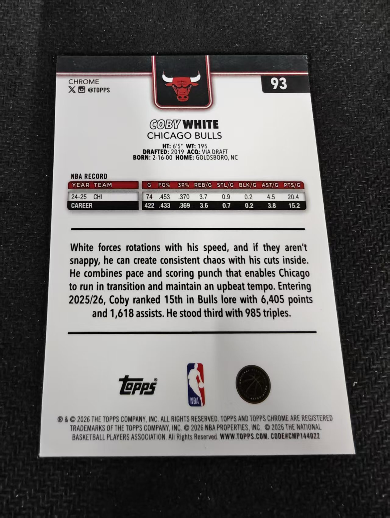 2026 Topps Chrome Update Coby White 公牛 科比 怀特 TCU 划痕 边角瑕疵 #93