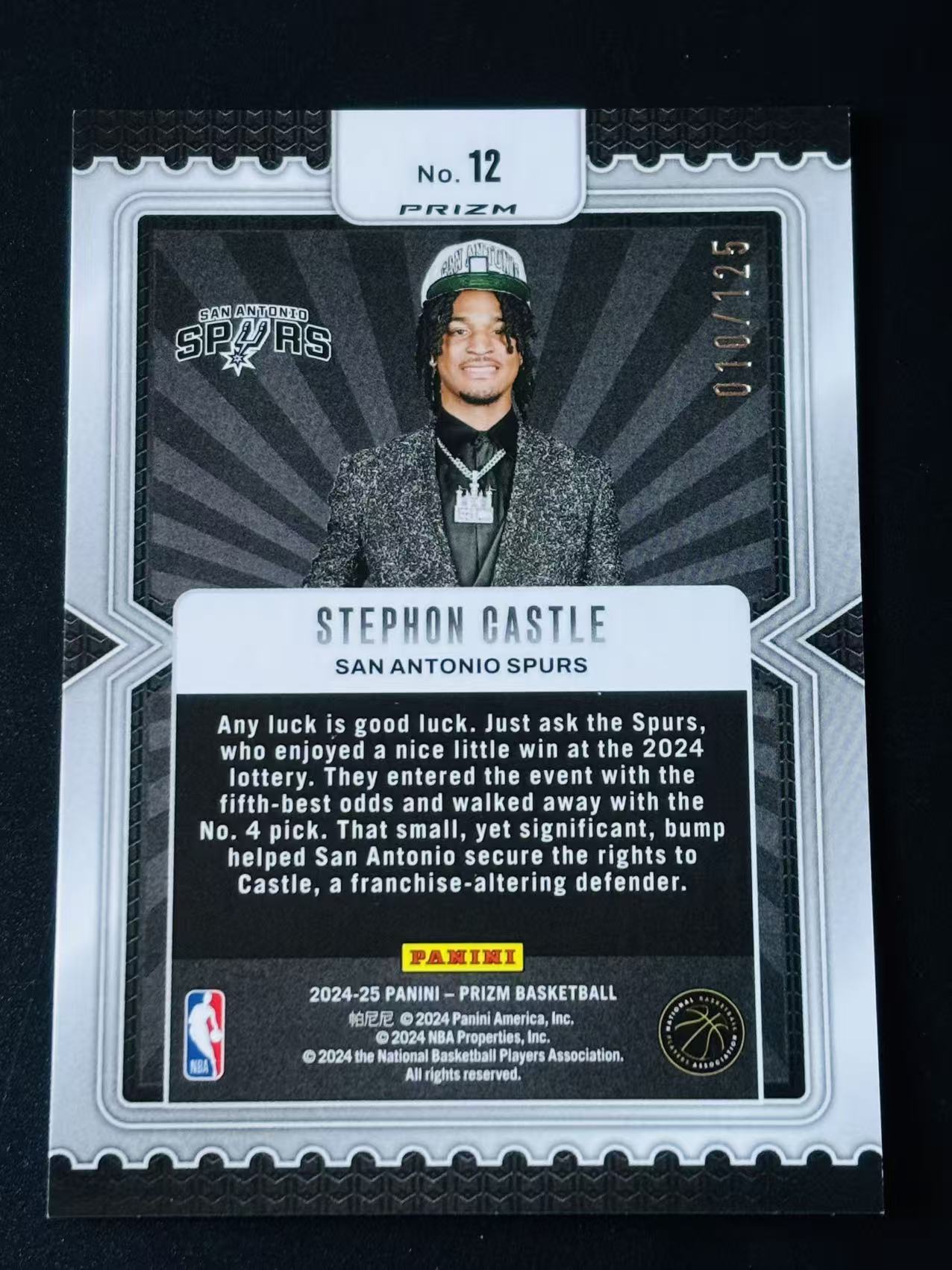 2024-25 Panini Prizm Stephon Castle RC PZ 马刺 新秀 斯蒂芬 卡斯尔 125编 蓝碎冰 折射 乐透 特卡 不累计