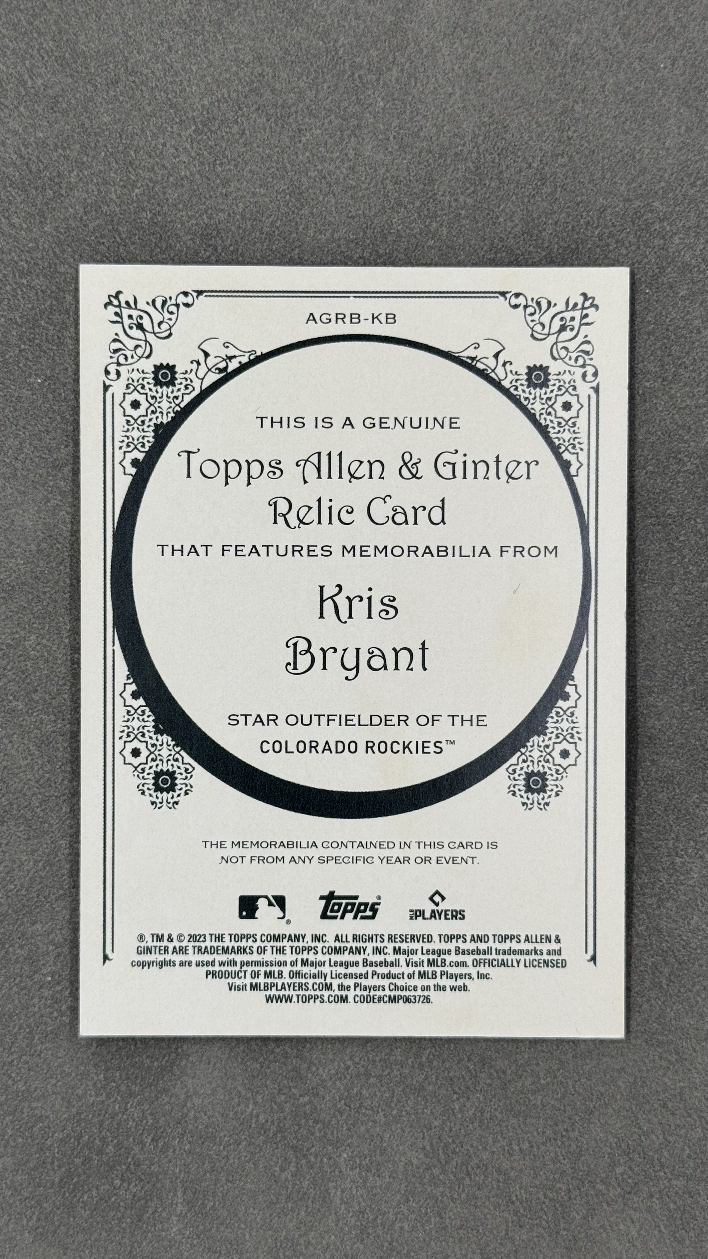 2023 Topps Allen & Ginter Kris Bryant 洛基队 克里斯 布莱恩特 小窗球棒切割 球棒物料 实卡好看 值得凑套收藏 #AGRB-KB