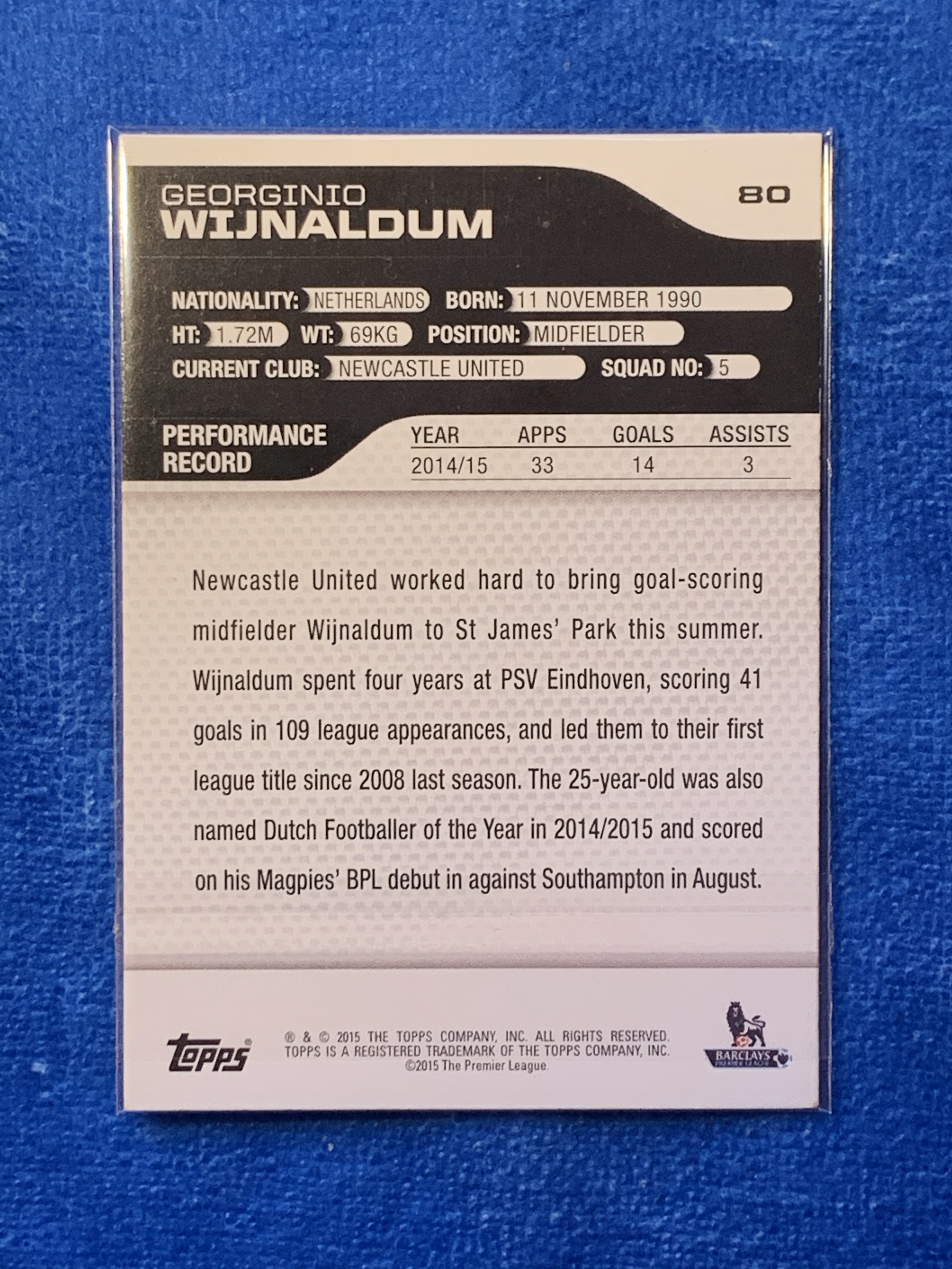 2015 Topps Premier Georginio Wijnaldum 英超 纽卡斯尔 大四喜 维纳尔杜姆 荷兰Holland 世界杯季军 利物浦Liverpool安菲尔德奇迹缔造者之一