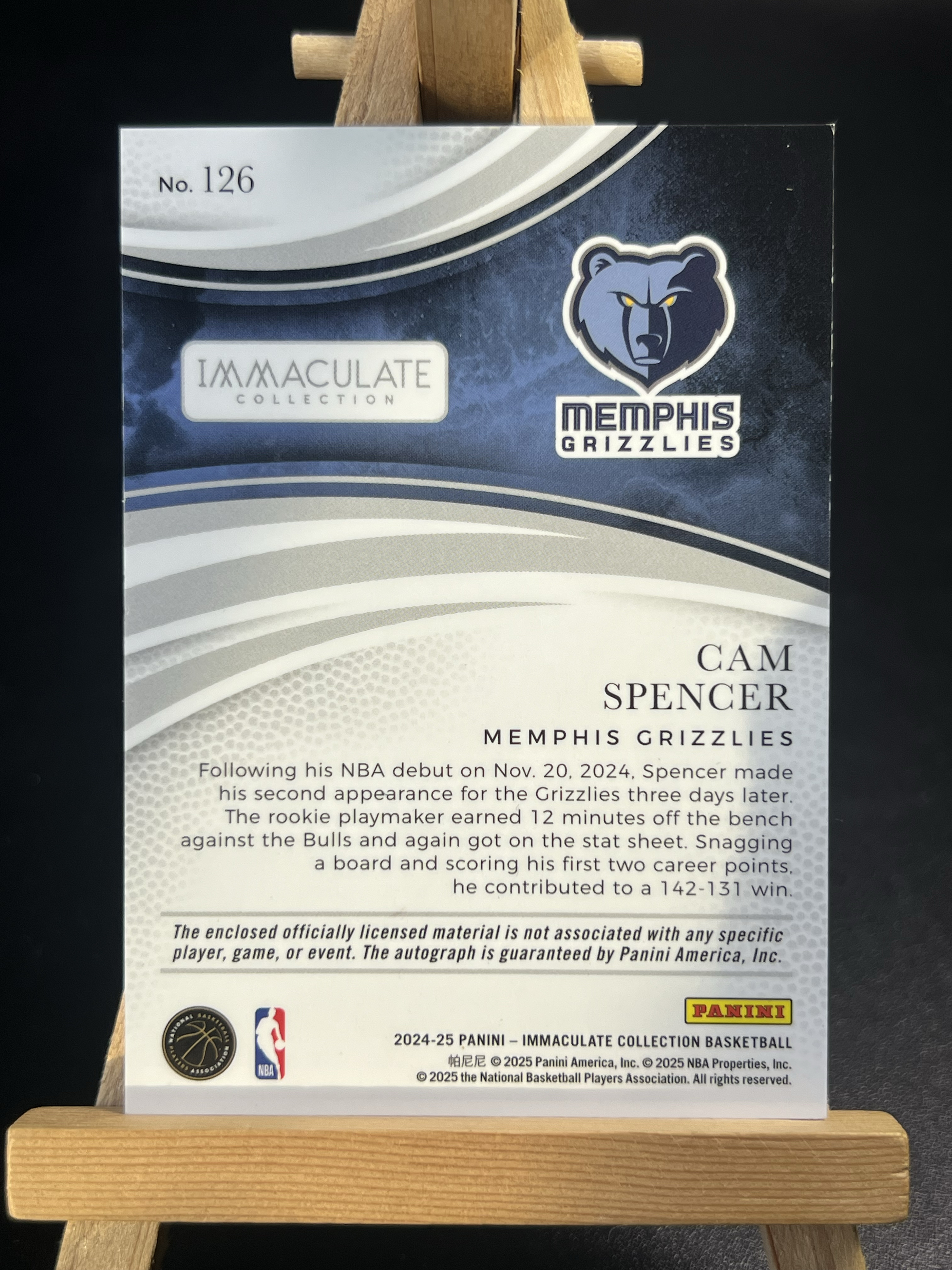 2024-25 Panini Immaculate Cam Spencer RC 灰熊 卡姆 斯潘塞 新秀 签字 卡签 RPA 1/49编 首编 三色暴力球衣物料切割 靖哥 叉叉拍卖