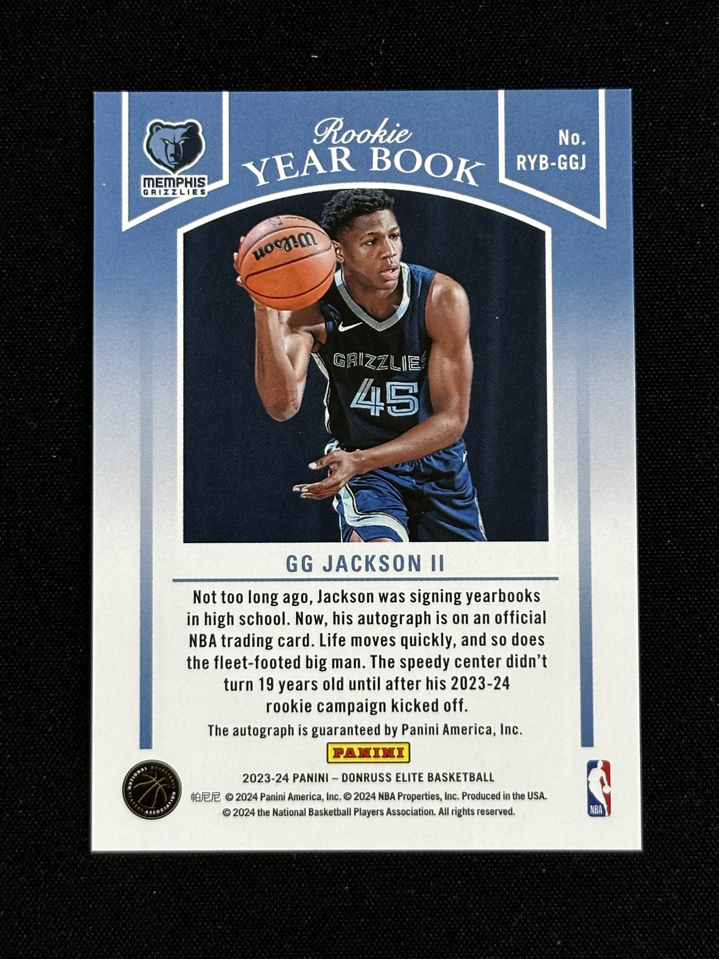2023-24 Panini Elite G.G. Jackson RC 精英 灰熊 GG 杰克逊 新秀 签字 Rookie Year Book 卡品如图 未来可期 莫兰特队友 CCC四兄弟