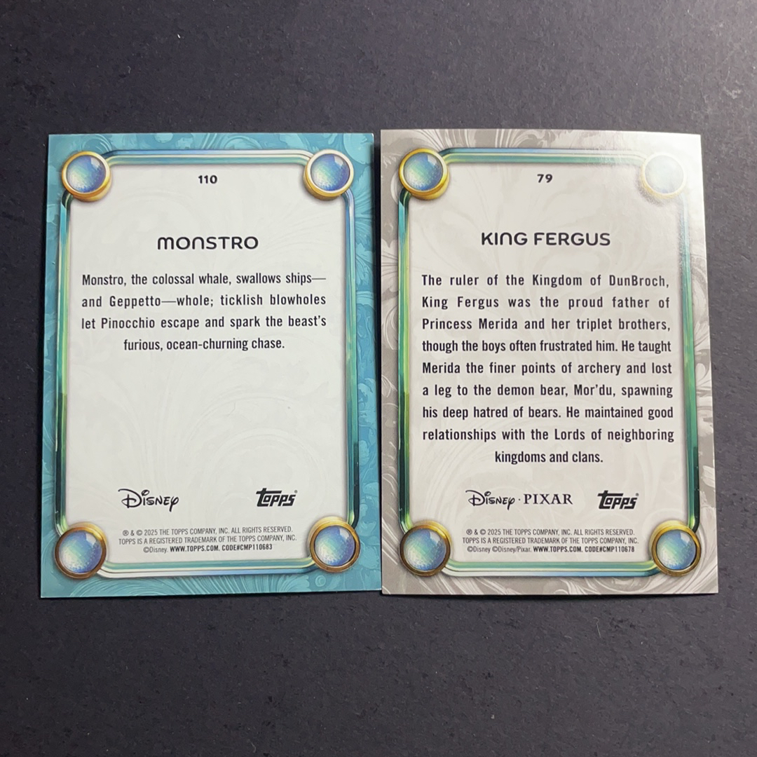 2024 Topps Disney Disney Wonder 弗格斯国王 勇敢传说 蒙斯特罗鲸鱼 木偶奇遇记 base紫折射99编2张打包 2025 Topps Disney 迪士尼奇迹公主系列