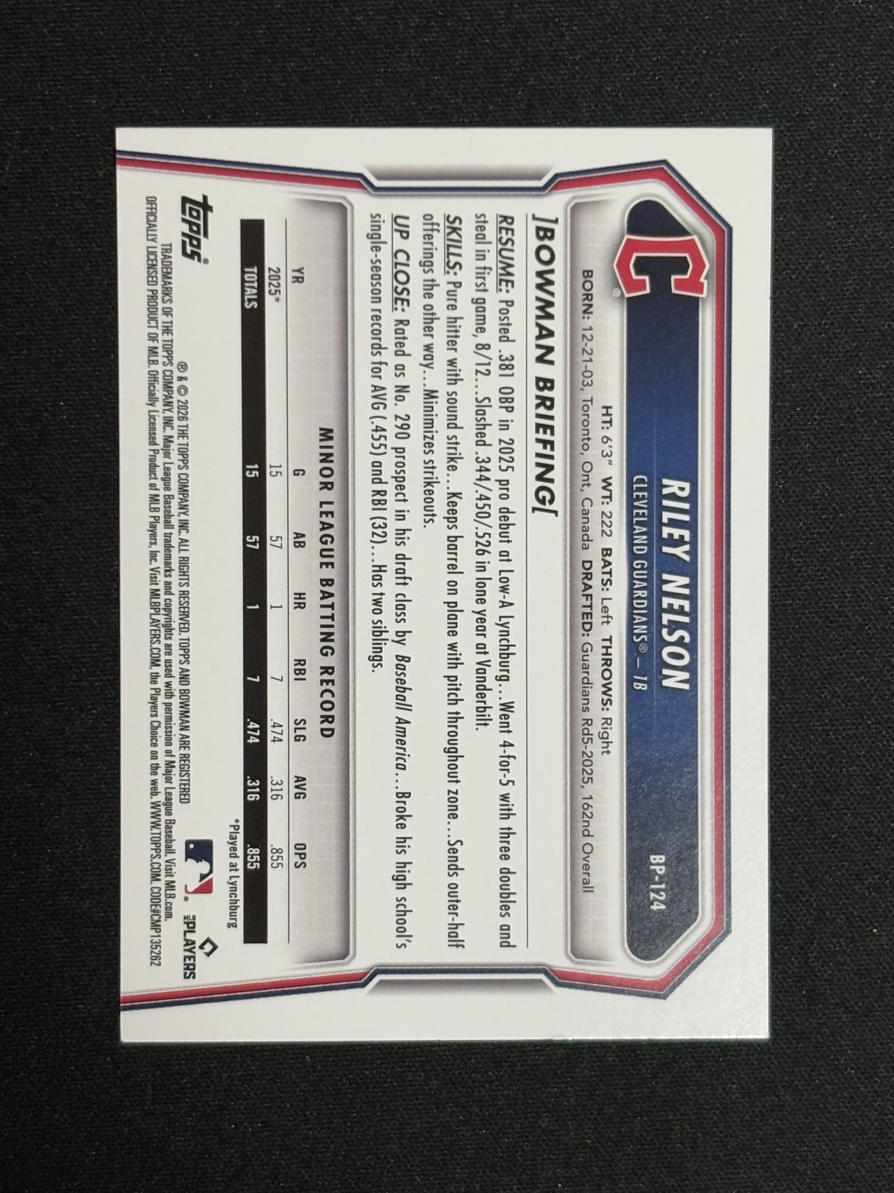2025 Topps Bowman Draft Riley Nelson 棒球 MLB 克利夫兰守护者 莱利 尼尔森 1st 首秀 紫折 /250编 卡品如图 - 小a
