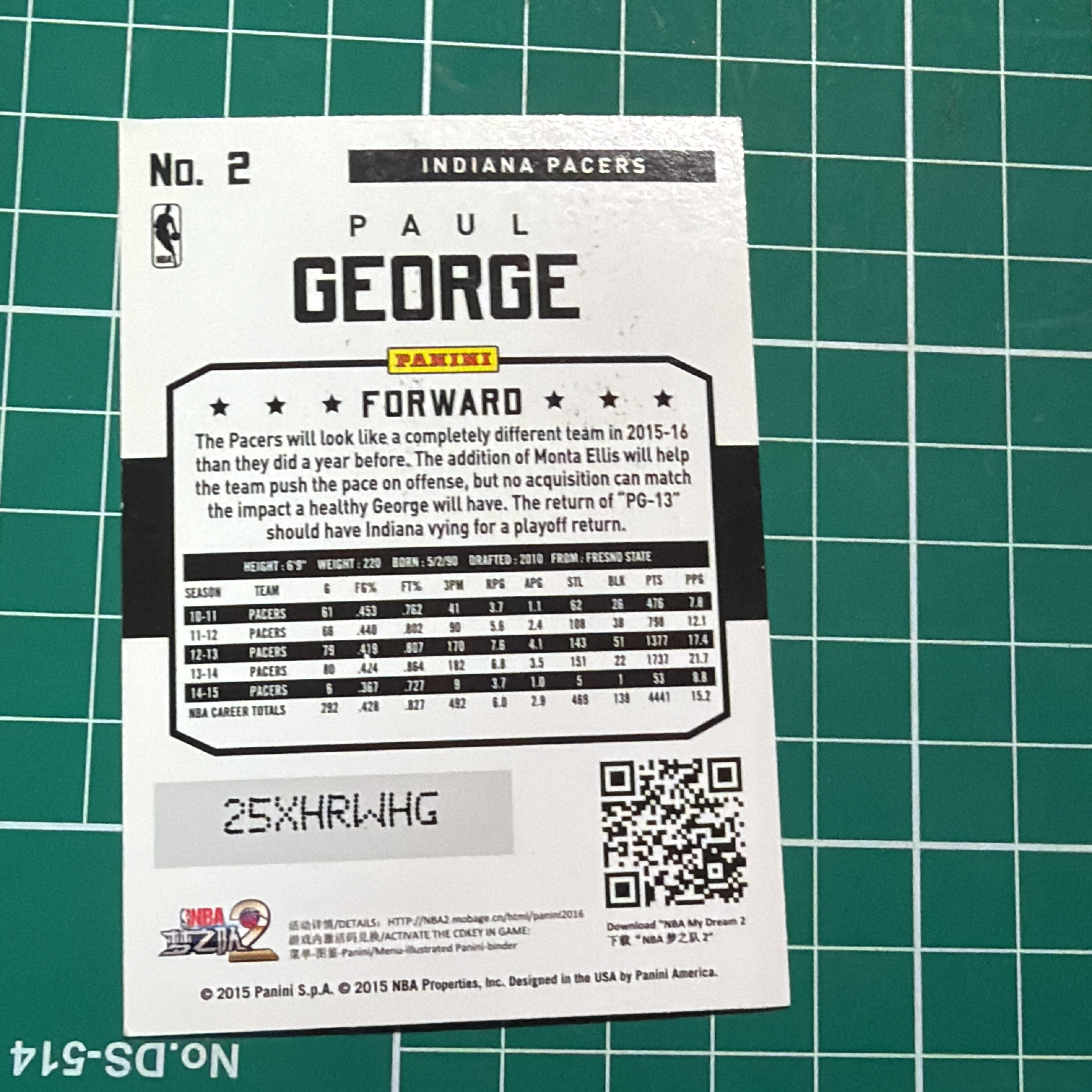 2015-16 Panini Americana Paul George S.p.a. 保罗乔治 泡椒 烟花折射 折射特卡 精美选图 十年老卡 绝版卡 稀有大比例 折痕