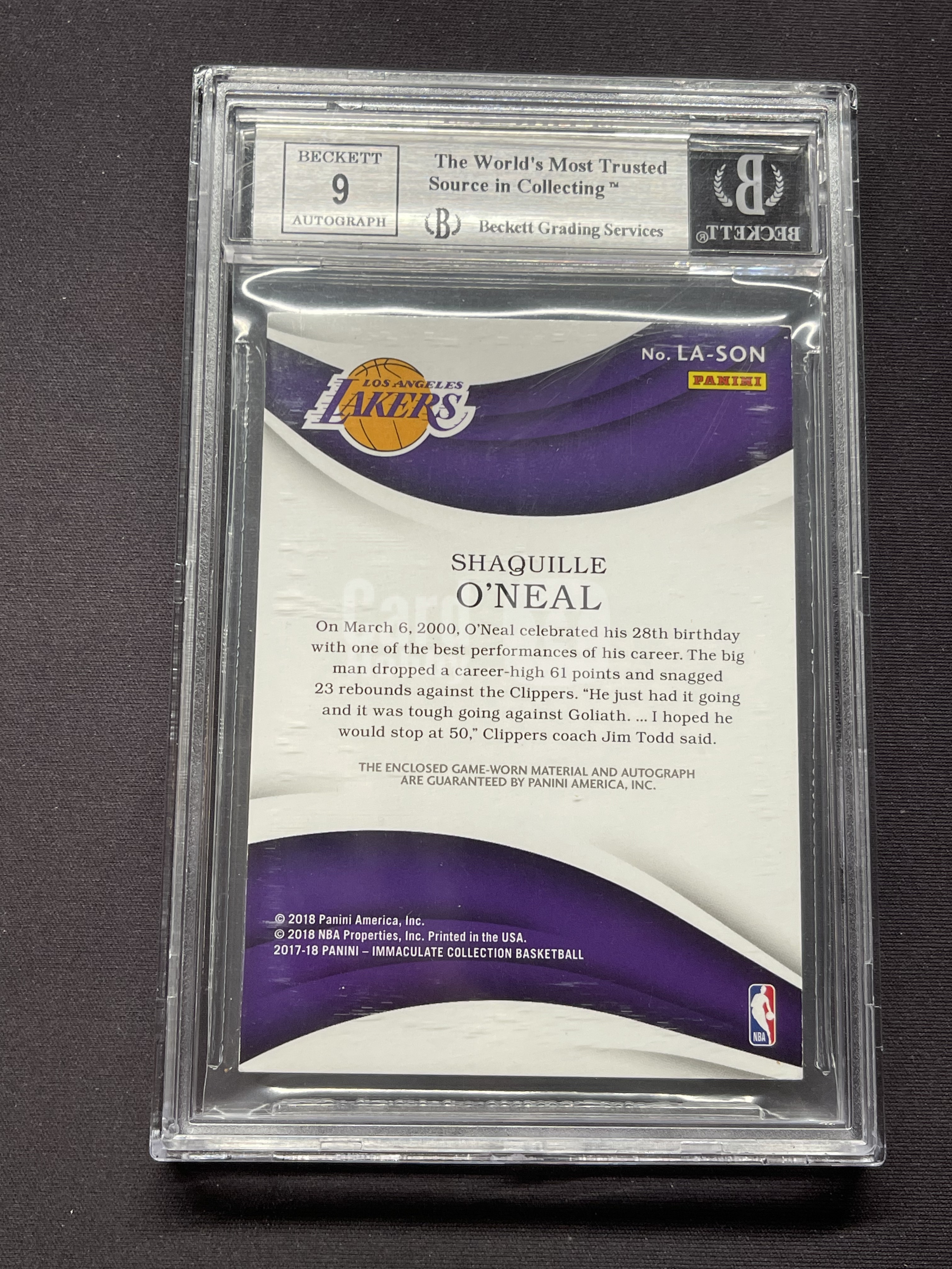 2017-18 Panini Immaculate Shaquille O'Neal 湖人 奥尼尔 大鲨鱼 TAG LOGOMAN 签字卡签 LA 1/1编 白金闪 BGS8.5墨迹9「老夫子」777