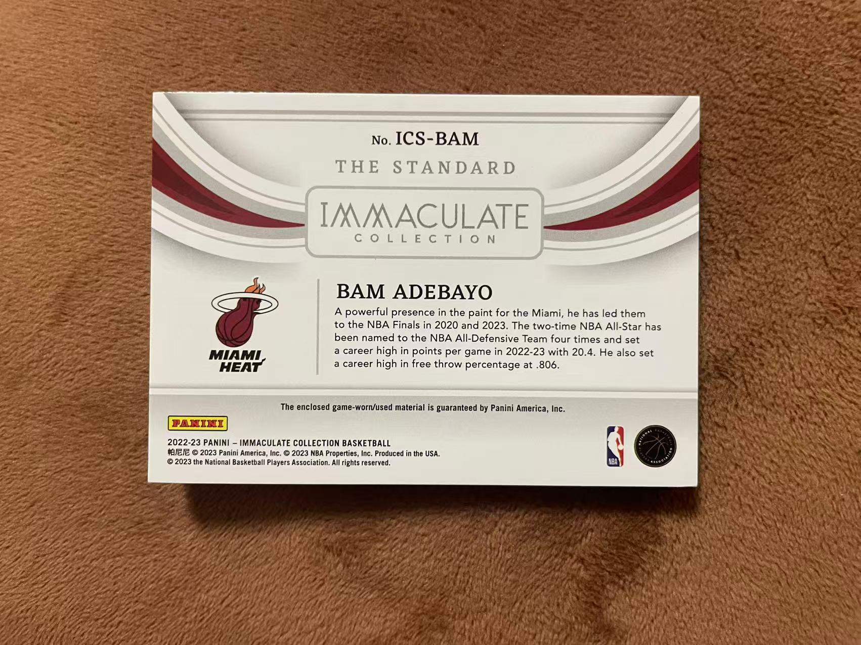 2022-23 Panini Immaculate Bam Adebayo 爱咪咪imm 热火 巴姆 阿德巴约 热巴 The Standard 大窗GU球衣 落场切割 patch 99编【z】