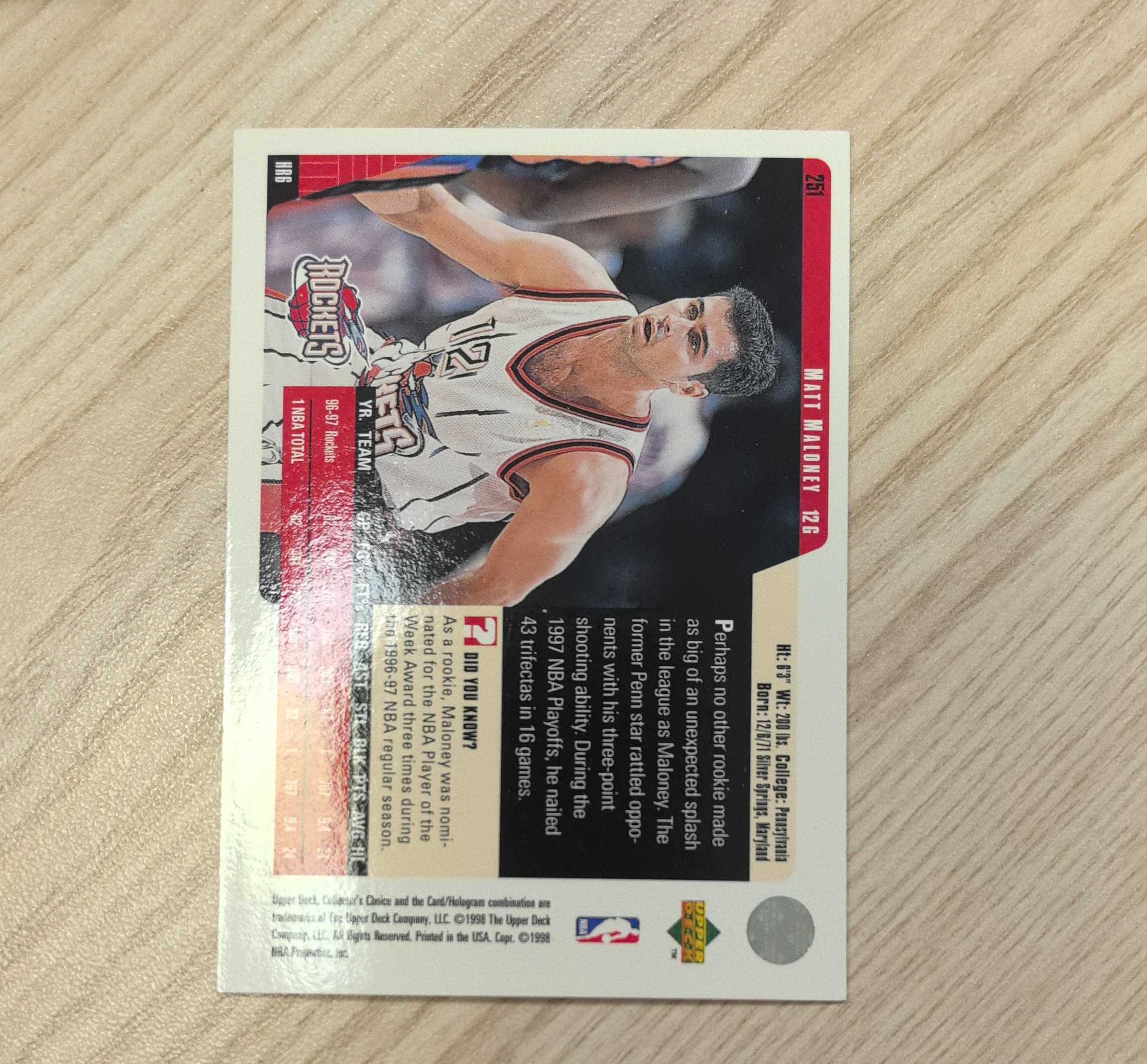 1997-98 Upper Deck Collector's Choice Matt Maloney 马特·马龙尼 UD 新秀卡 职业生涯效力于休斯顿火箭、亚特兰大老鹰、芝加哥公牛三支球队