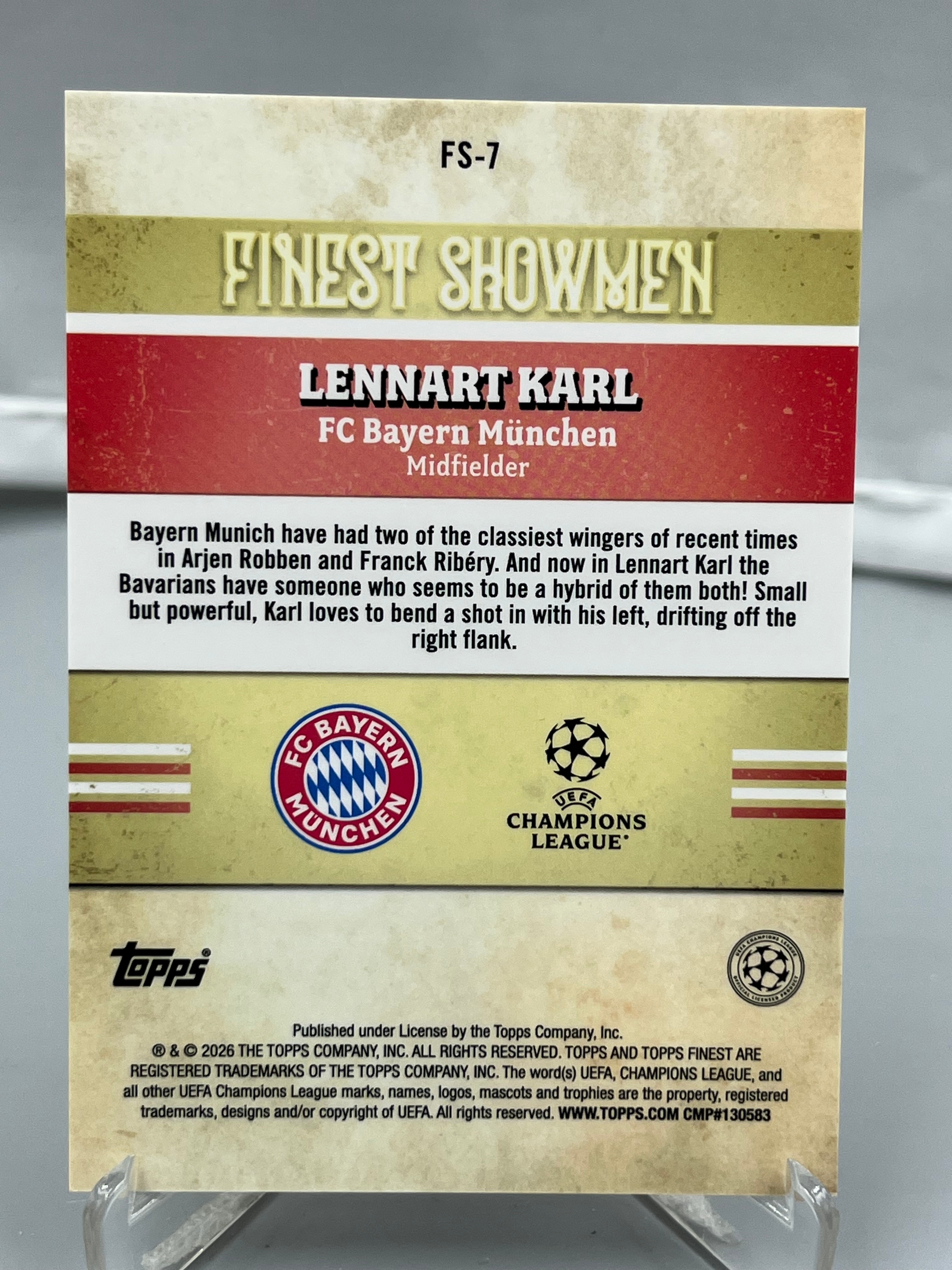 2026 Topps Finest Lennart Karl RC 欧冠欧战 伦纳特 卡尔 新秀 拜仁慕尼黑 最佳表演者 Showmen 特卡 银折 瑕疵如图【暴富 仇总】y398