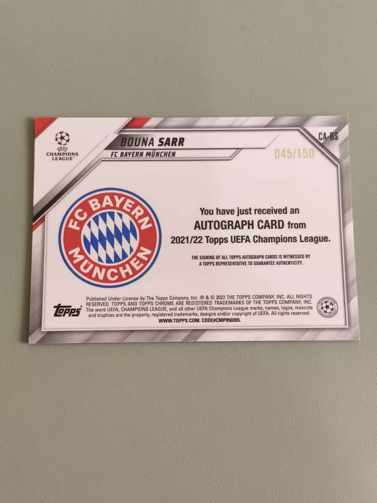 2022 Topps Chrome Bouna Sarr 布纳 萨尔 签字 蓝折 45/150编 欧冠 拜仁慕尼黑 拜仁 飞翼 卡品如图
