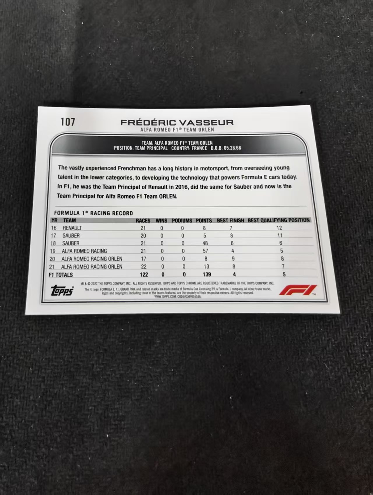 2022 Topps Chrome F1 Frederic Vasseur 法拉利车队 领队 费德里克 瓦瑟尔 划痕 边角瑕疵#107