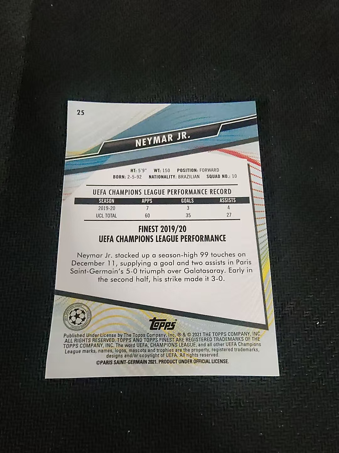 【可合并,不累计】2021 Topps Finest Neymar Jr 欧冠 巴西 巴萨 巴黎 内马尔 马儿 划痕 边角瑕疵 #25