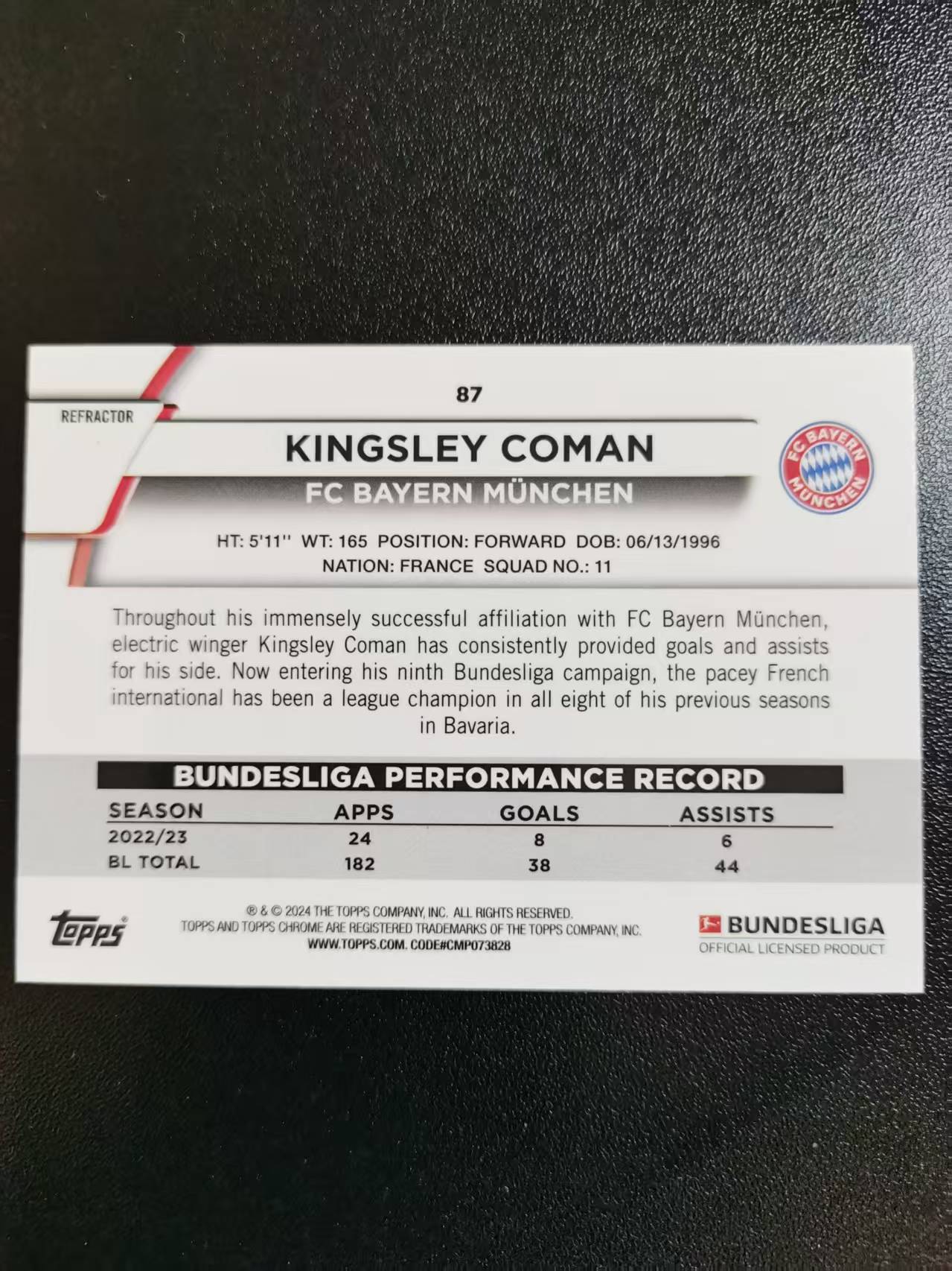 2024 Topps Chrome Kingsley Coman 金斯利科曼 拜仁慕尼黑 德甲TC 折射 收藏凑套 卡品如图 免费代拍AKJ