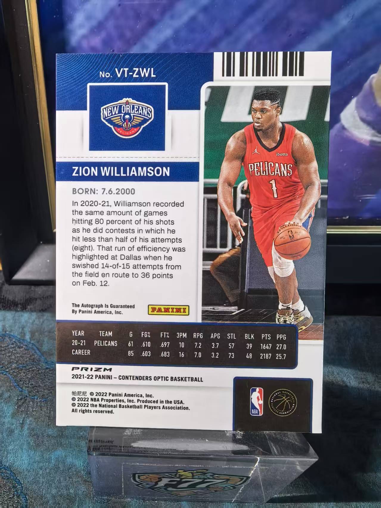 2021-22 Panini Contenders Optic Zion Williamson 锡安 威廉姆斯 胖虎 鹈鹕 球票OP 银折 签字 卡签 折射 收藏必备 龙龙