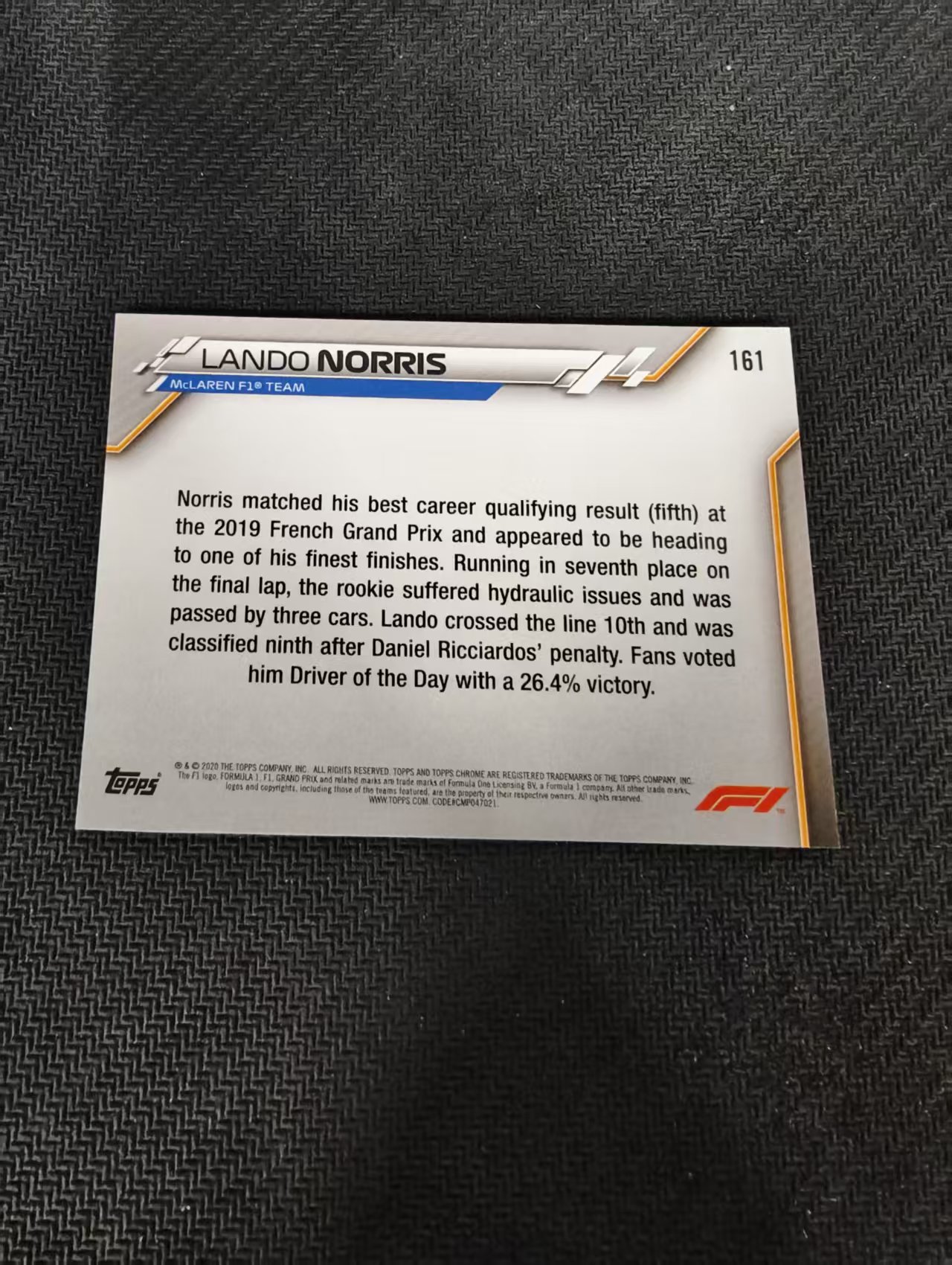 【汽水拍卖】2020 Topps Chrome Lando Norris RC 元年TC F1 兰多 诺里斯 新秀RC 迈凯轮车队 蓝宝石 碎冰折 坑印#161