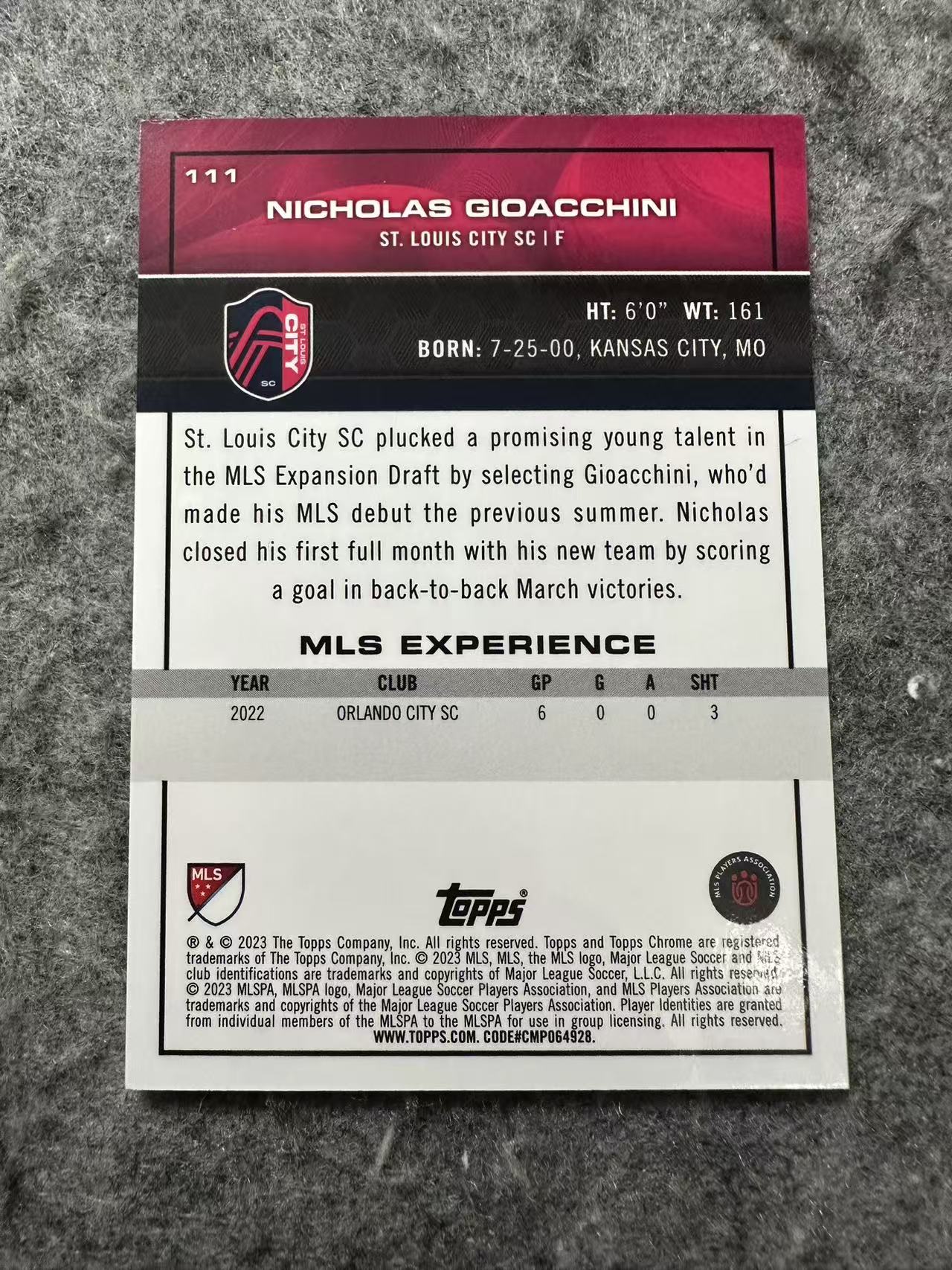 2023 Topps Chrome Nicholas Gioacchini RC MLS 美职联 新秀RC 尼古拉斯乔亚基尼 新秀碎点折 99编 收藏