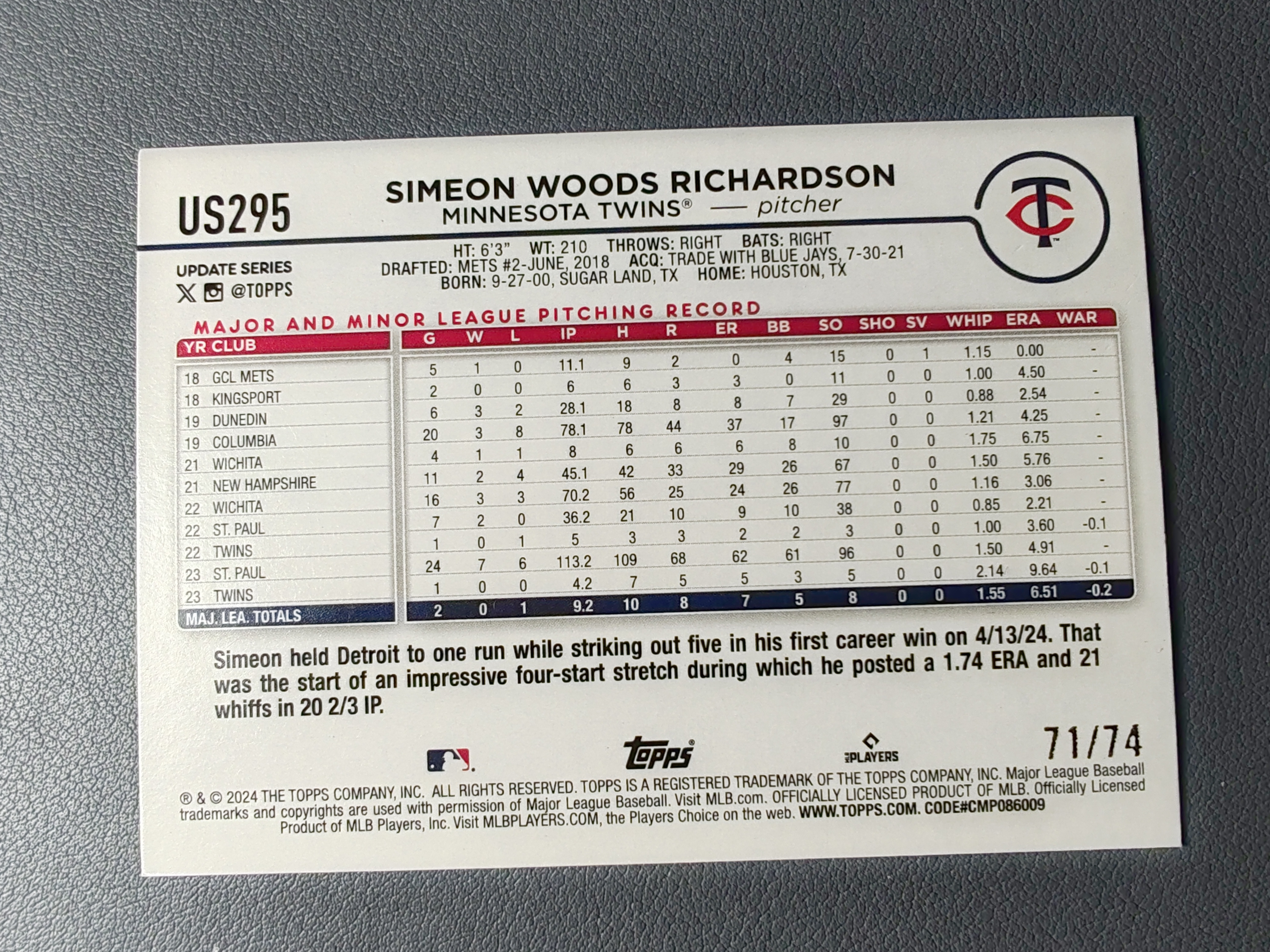 2024 Topps MLB Simeon Woods Richardson 74编!