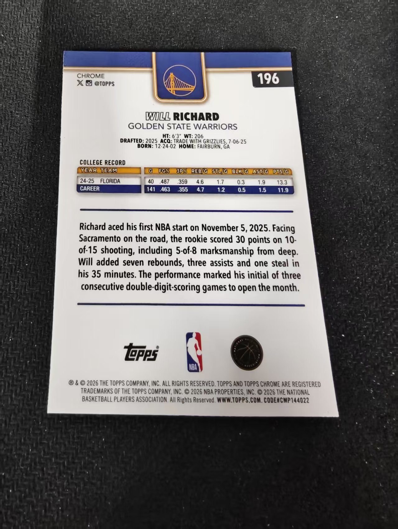 2026 Topps Chrome Update TCU 勇士 Will Richard 威尔 理查德 新秀RC hyper折 瑕疵如图