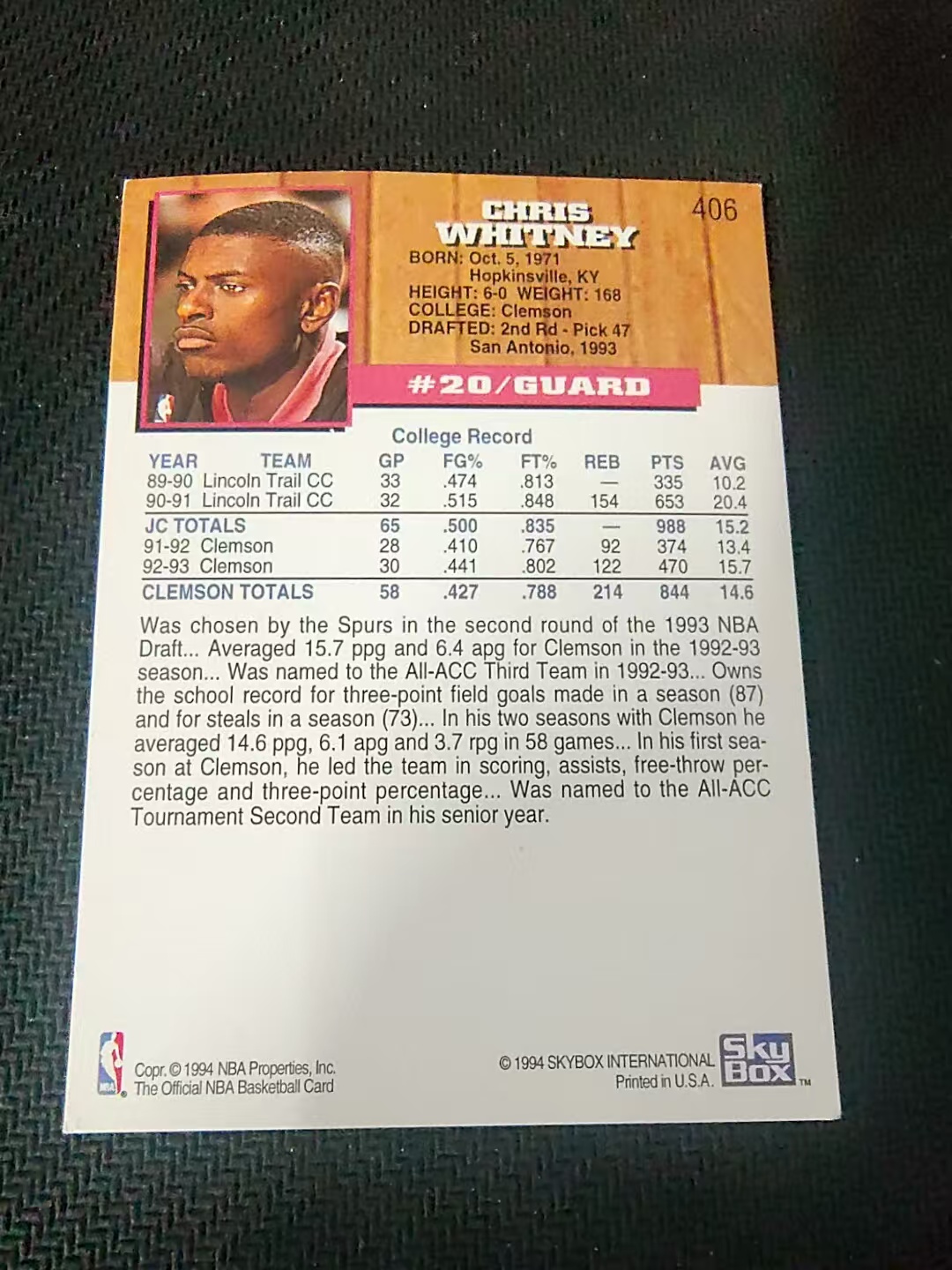 【可合并,不累计】1994 Skybox international Chris Whitney 克里斯 惠特尼 马刺 老卡 划痕 边角瑕疵 #406